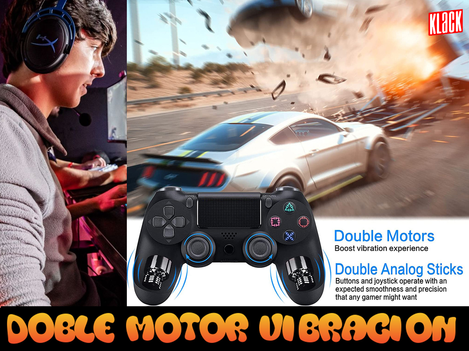Hombre con auriculares, jugando con un mando. Explosiones y una escena de carreras a la vista.