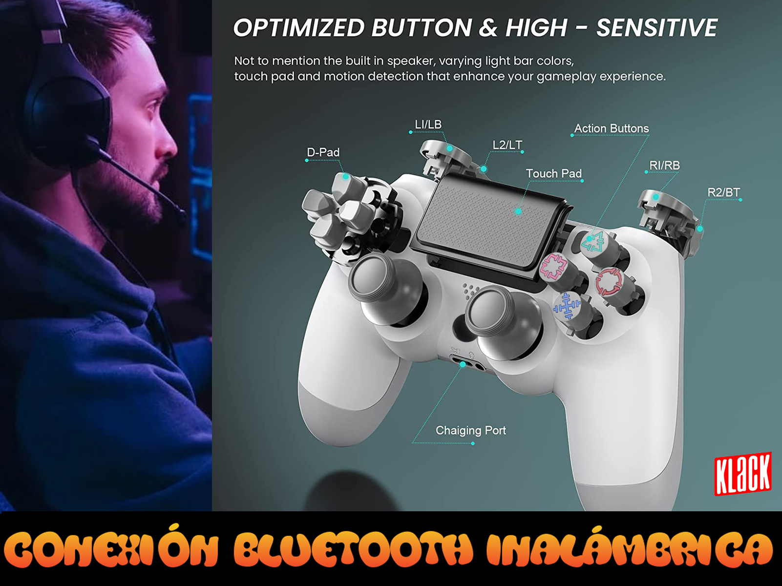 Mando de juegos con etiquetas de botones y un jugador con auriculares.
