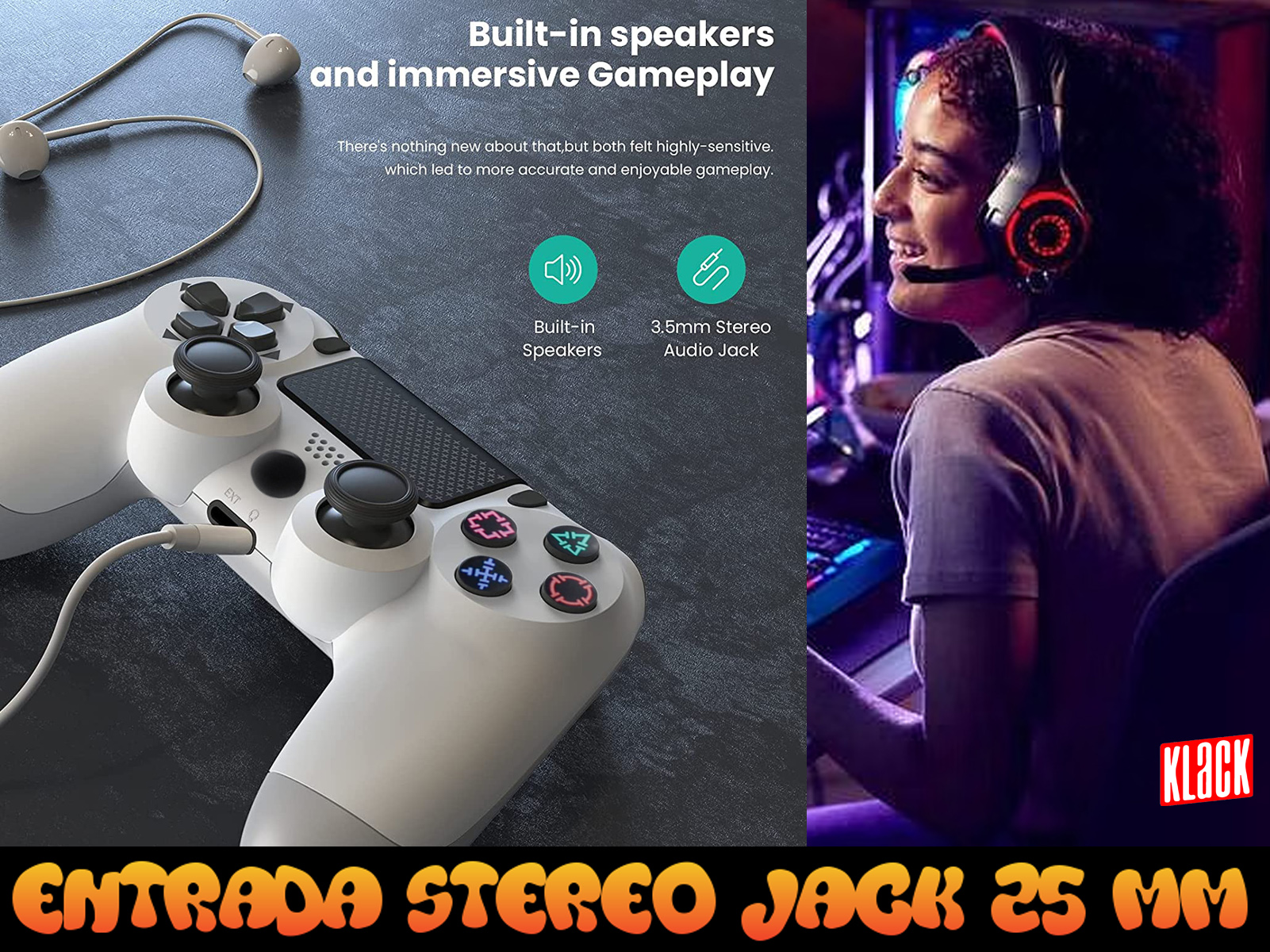 Una persona usando unos auriculares para juegos, y un mando blanco.