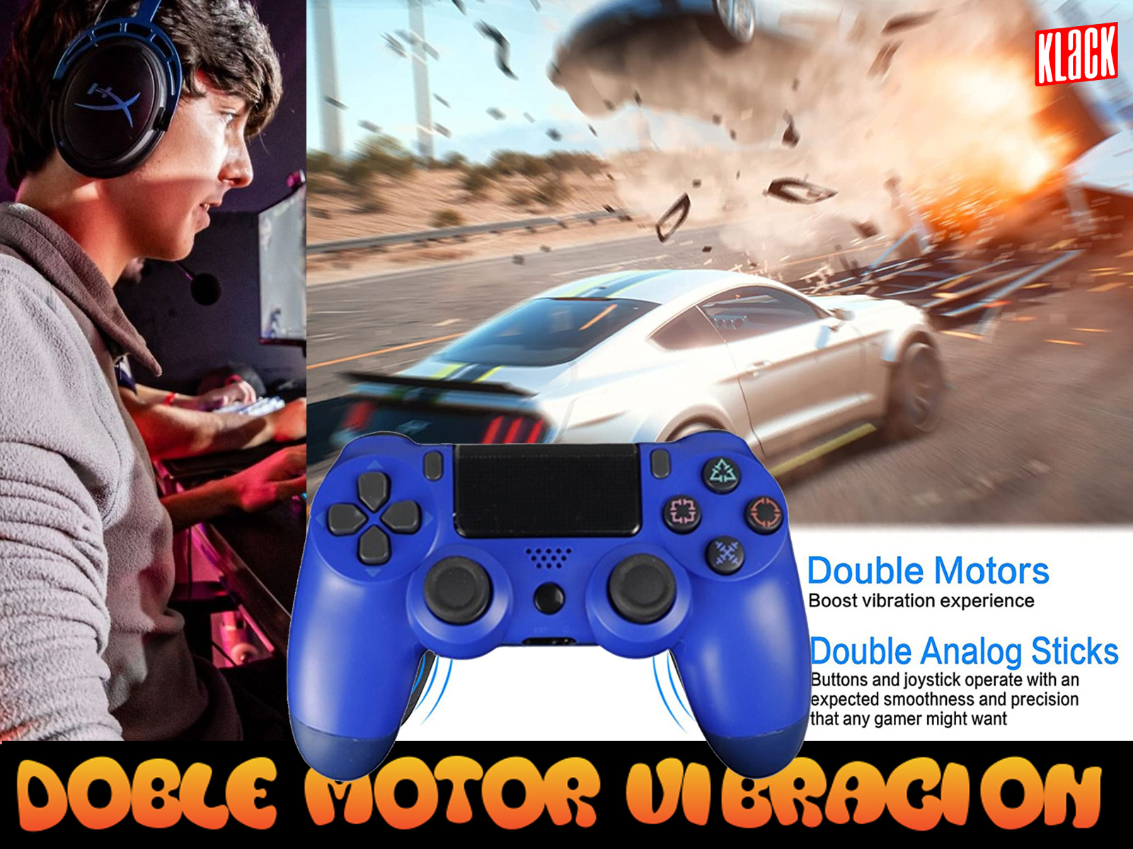 Mando de juego azul, con un jugador jugando en un ordenador, coche de carreras en el fondo.