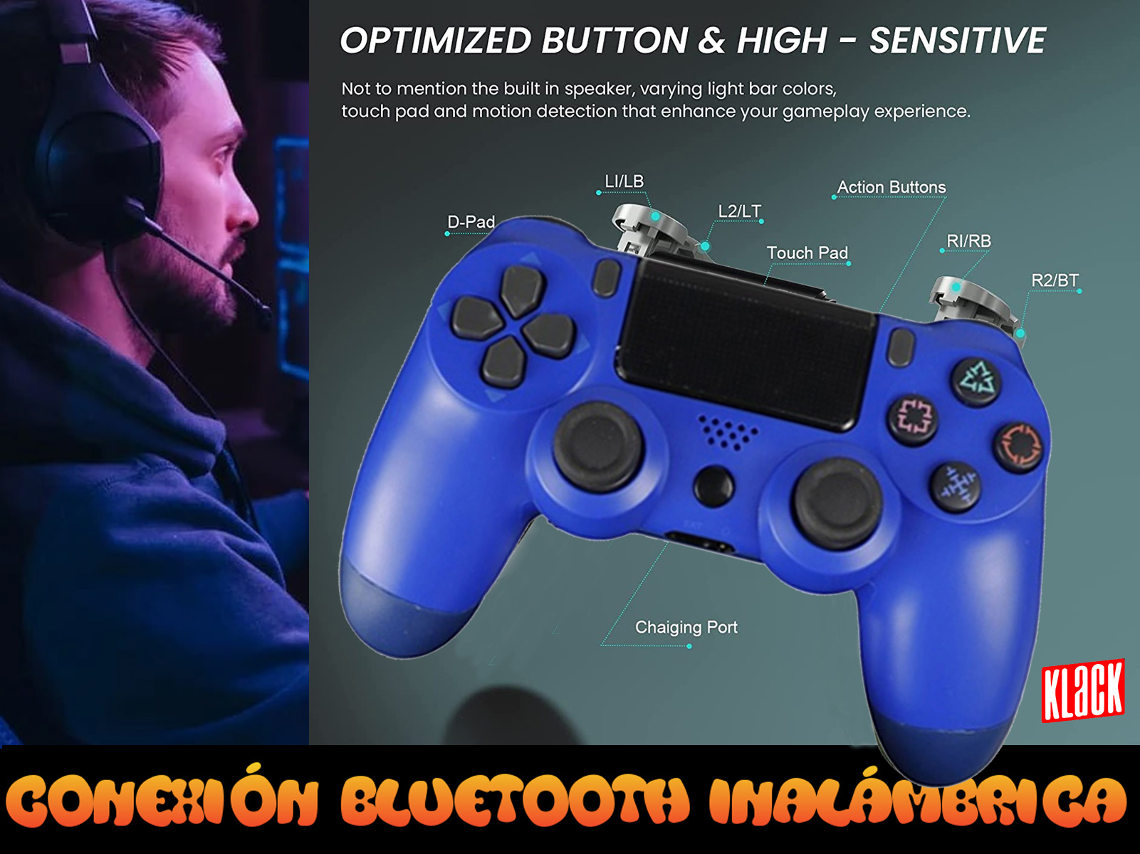 Gamepad azul, con texto: Botón optimizado y alta sensibilidad.