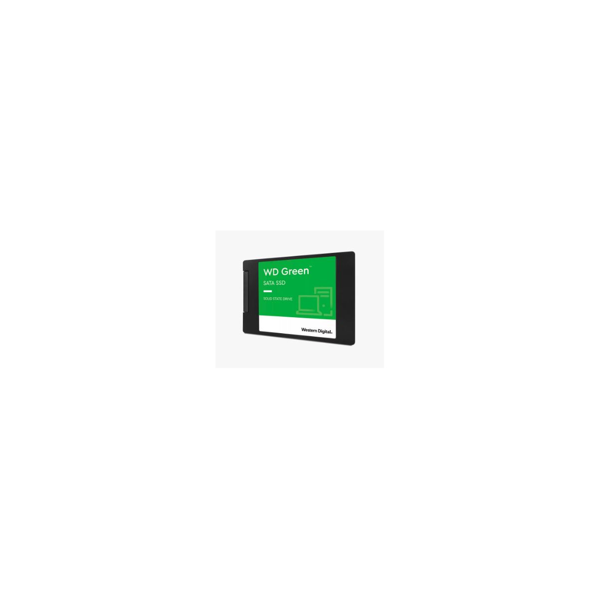 WD Green SSD, dysk półprzewodnikowy z zieloną etykietą, na białym tle.