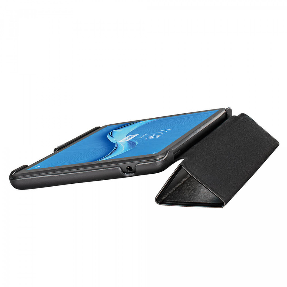 Tablet in schwarzem Gehäuse, Bildschirm an, von einer gefalteten schwarzen Abdeckung gehalten.