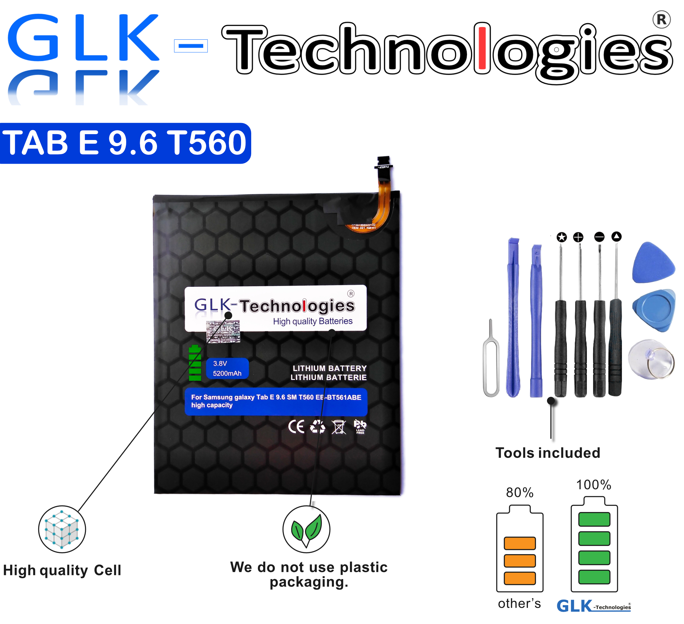 für Set inkl. Samsung Tab Galaxy Akku Lithium-Ionen-Akku E 9.6 Ersatz Ersatz Akku GLK-TECHNOLOGIES 5200mAh Werkzeug