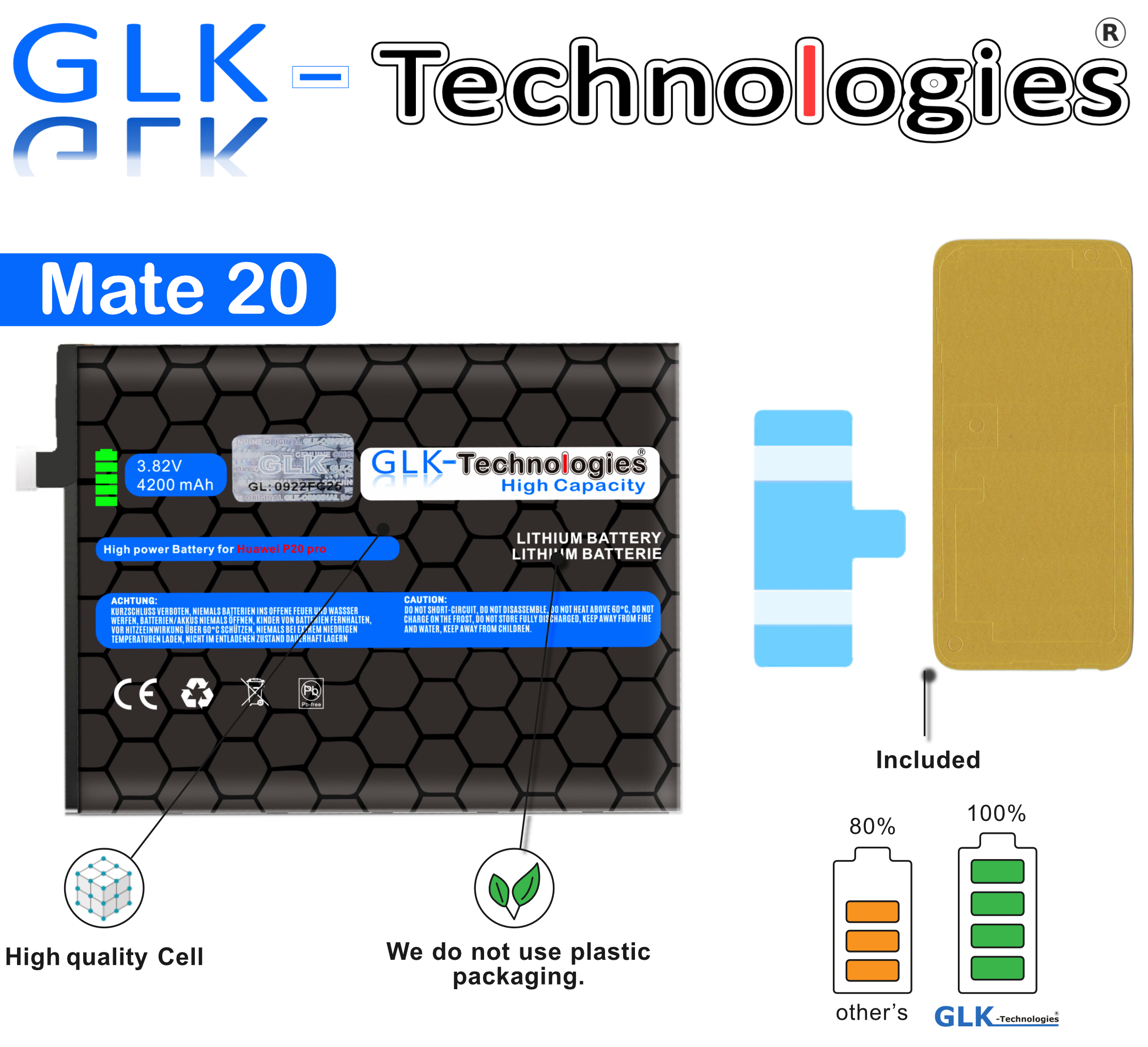 Huawei Klebebandsätze 2 Mate Lithium-Ionen-Akku inkl. GLK-TECHNOLOGIES Ersatz Ersatz Akku für HB436486ECW 4200mAh Akku 20