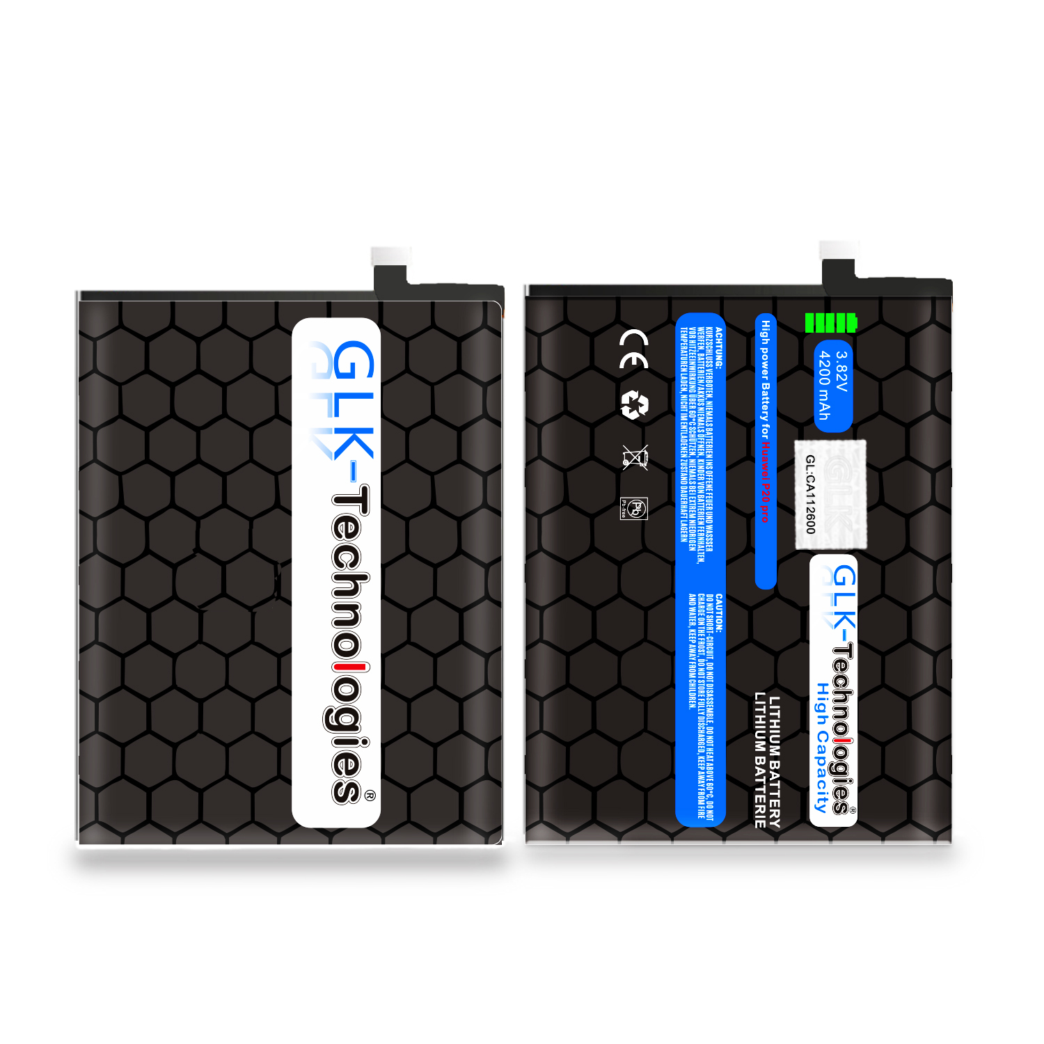 Zwei rechteckige schwarze Batterien mit weißem Text, eine mit Wabenmuster. Das GLK-Technologies-Logo ist sichtbar.