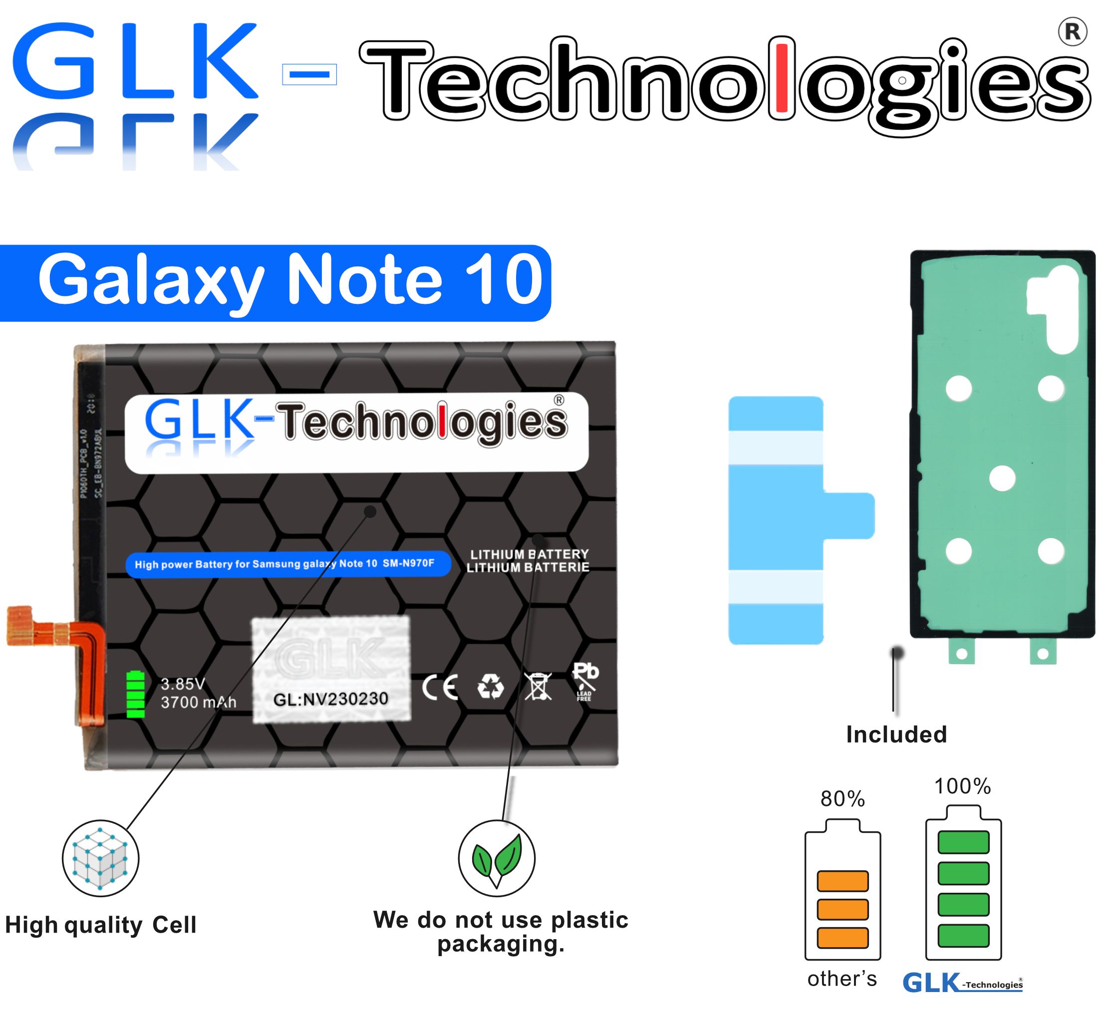Akku für Samsung Galaxy Note 10, mit Verpackung, Akku und Etiketten.