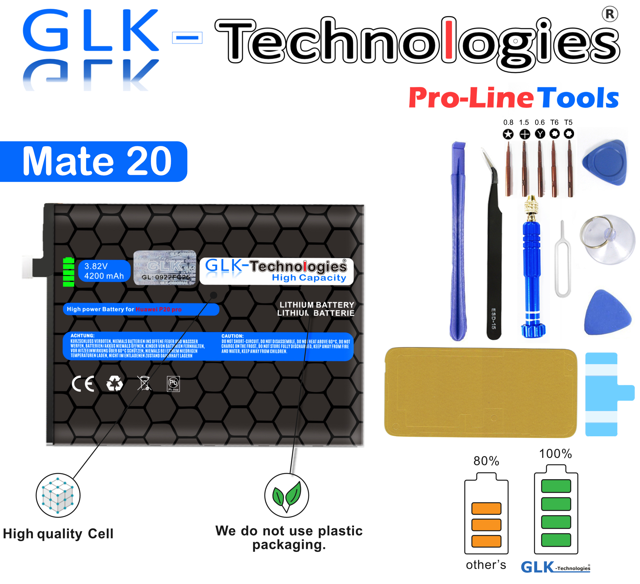 Ersatz Lithium-Ionen-Akku inkl. Ersatz 4200mAh Set GLK-TECHNOLOGIES 20 für HB436486ECW Mate Werkzeug Akku Huawei Akku