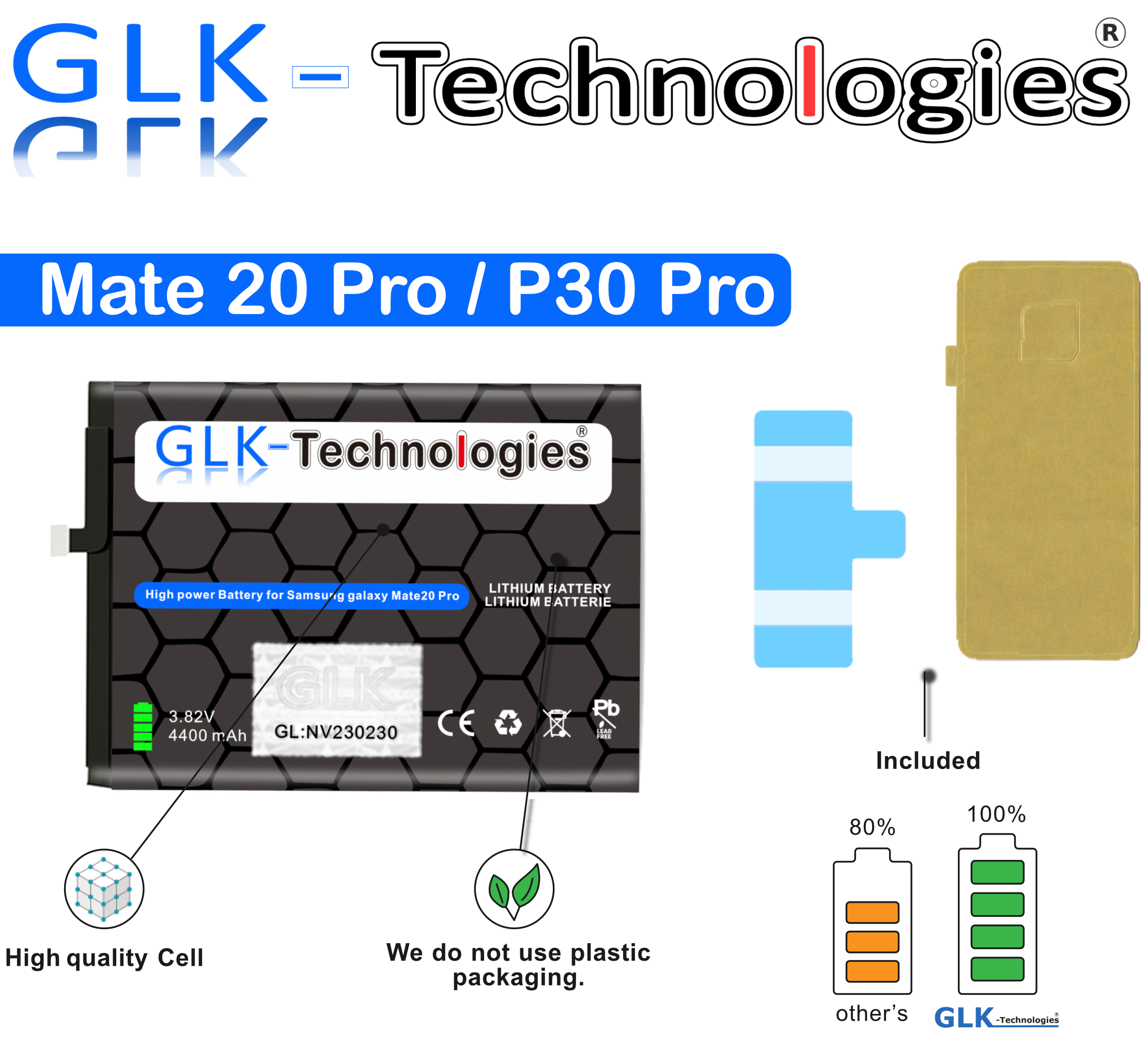 Ersatz P30 Akku Ersatz GLK-TECHNOLOGIES / Lithium-Ionen-Akku PRO HB486486ECW 4400mAh Huawei inkl. Akku für Mate 20 Klebebandsätze PRO