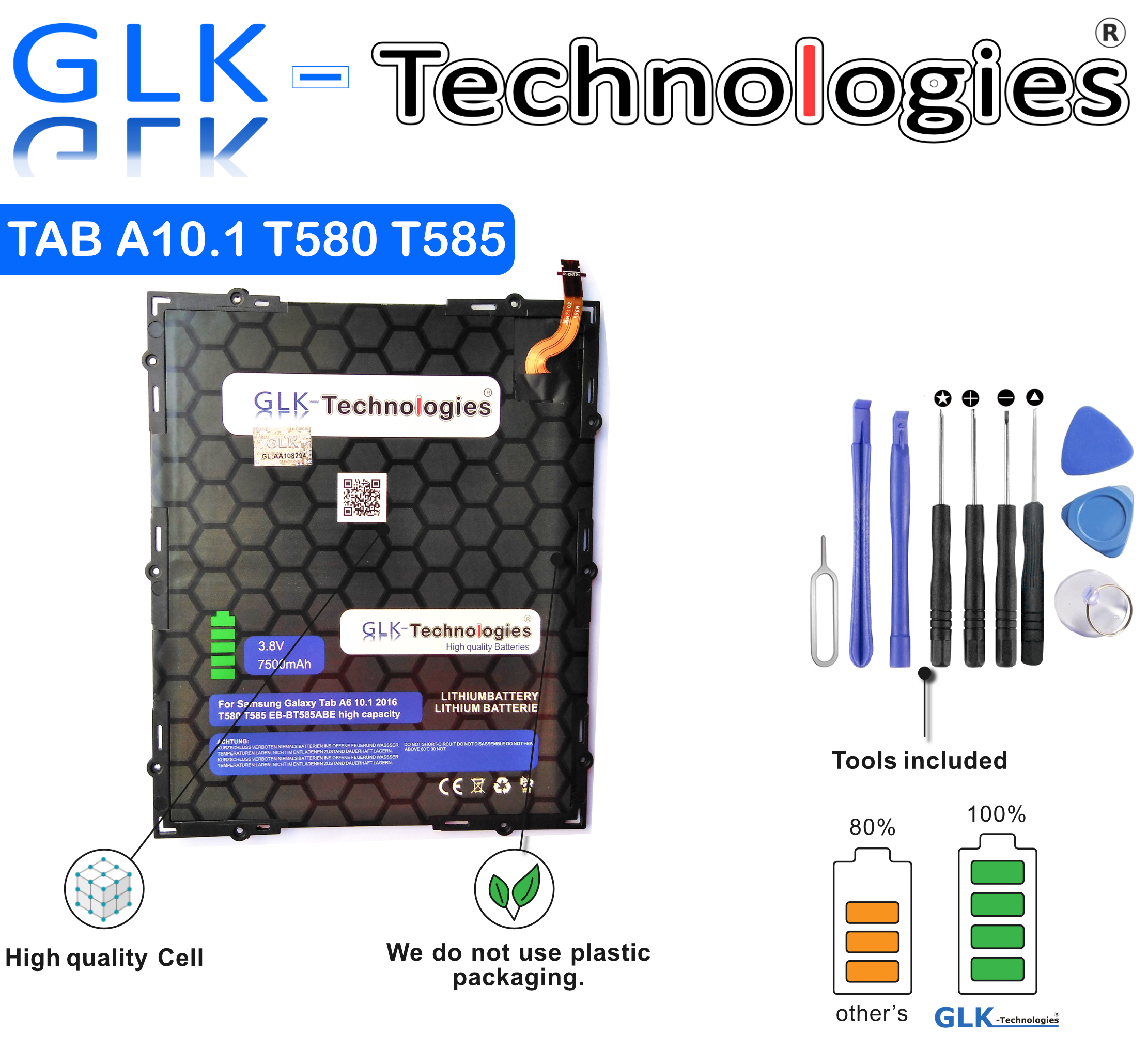 Ein Tablett-Akku mit Werkzeugen, Etikett und Text über die Kapazität und hohe Qualität der Batterie.