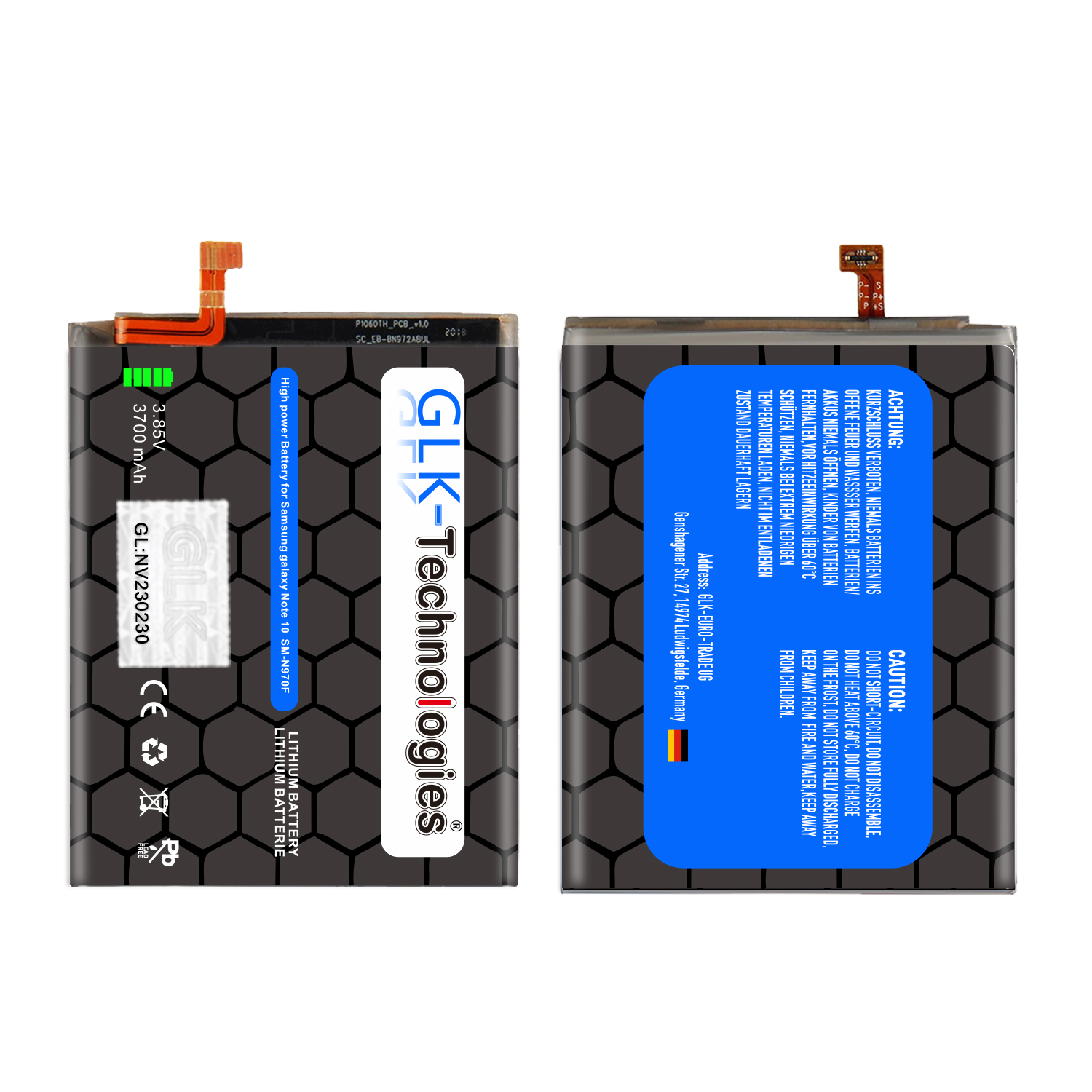 Ein Akku mit Text und Etikett. Der Akku ist schwarz und blau. Text: GLK-Technologies. 3,85 V.