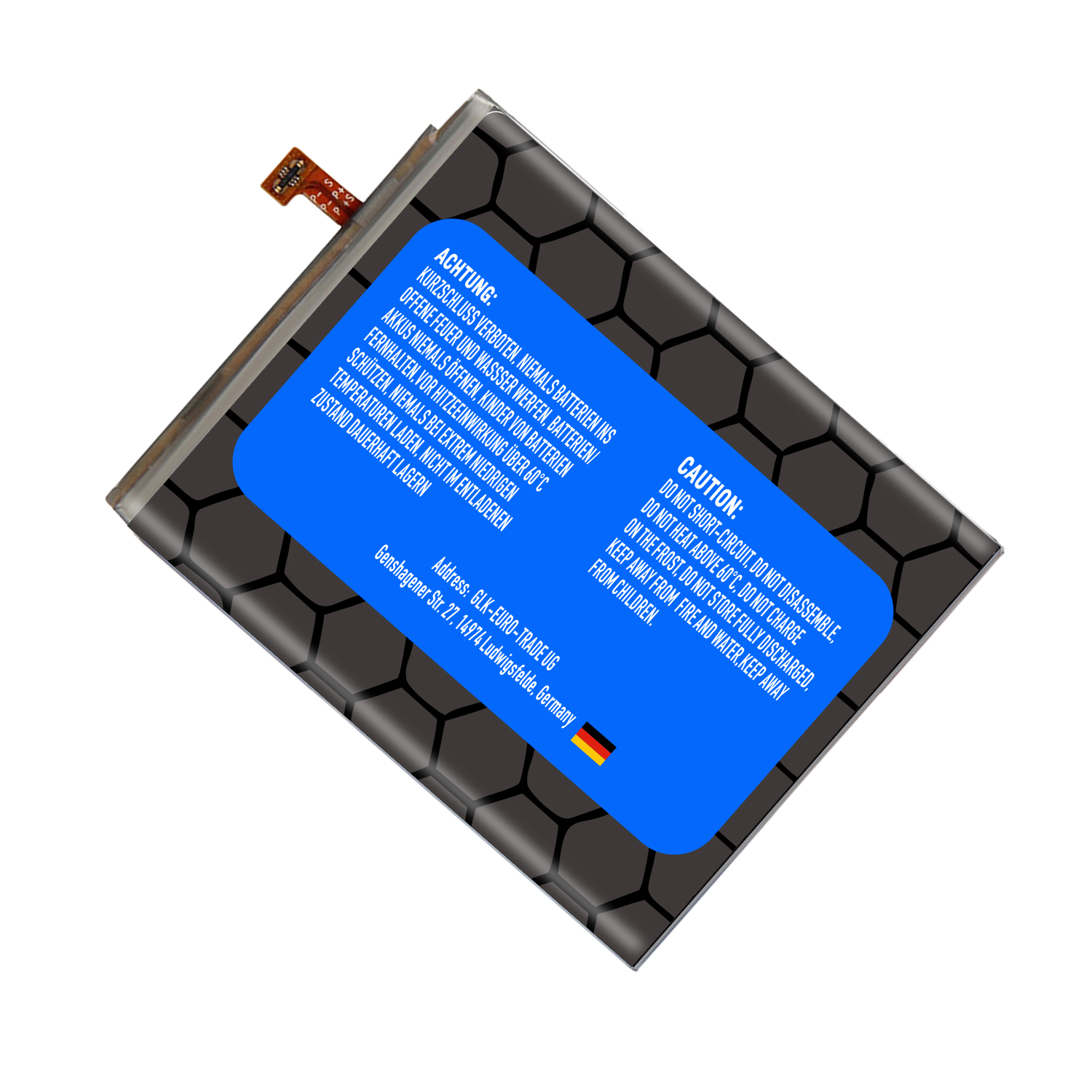 Batterie mit Warnhinweisen in mehreren Sprachen. Die Batterie ist schwarz und hat ein blaues Etikett.