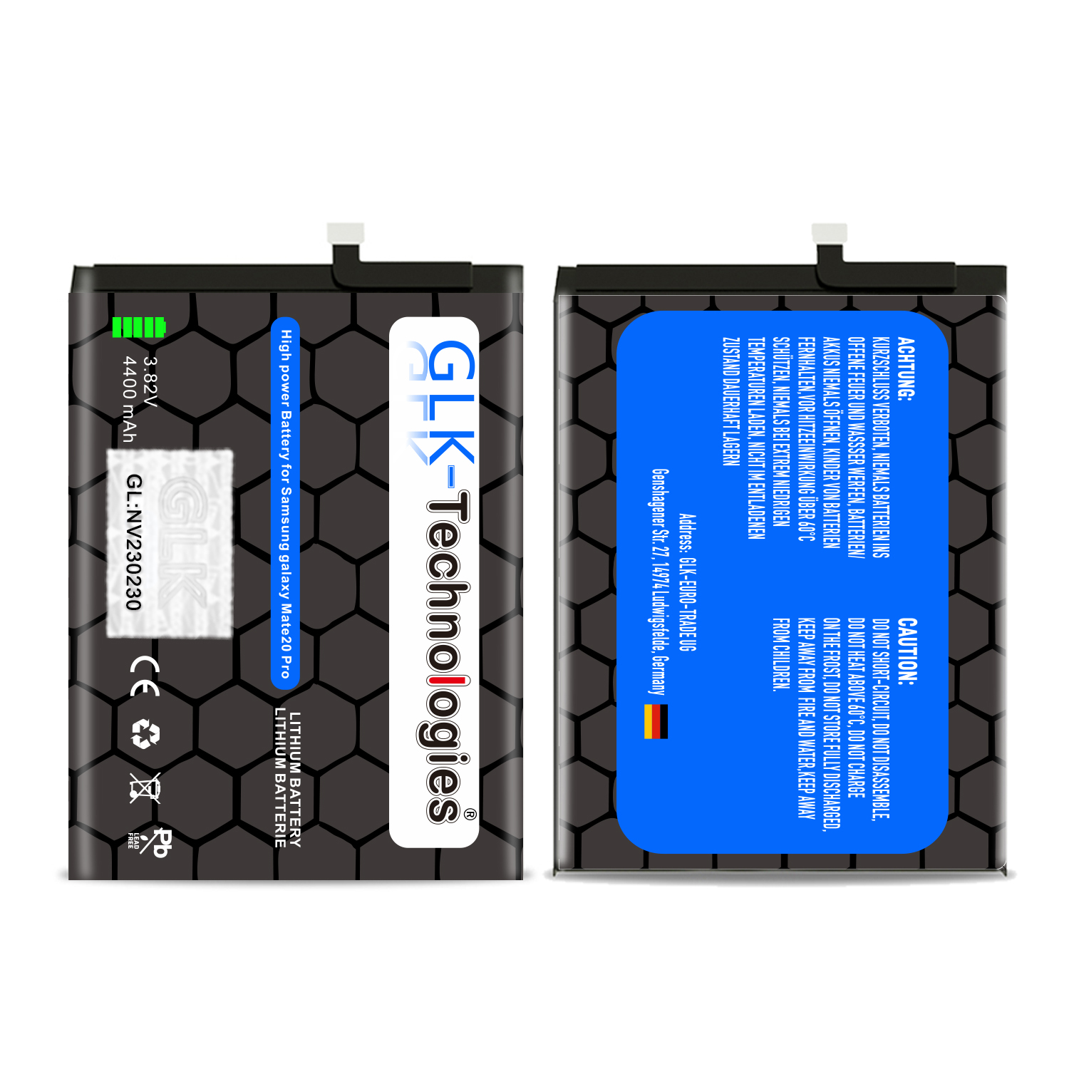 Schwarz-blaue GLK-Technologies-Batterie mit Warnhinweisen und einem deutschen Flaggen-Icon.