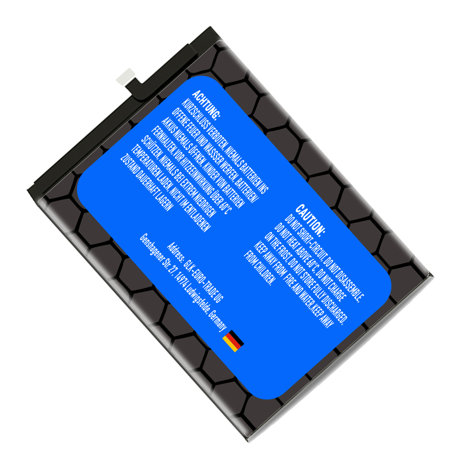Ein Akku mit einem Warnhinweis. Das Etikett ist blau mit weißem Text. Es hat einen schwarzen, gemusterten Hintergrund.