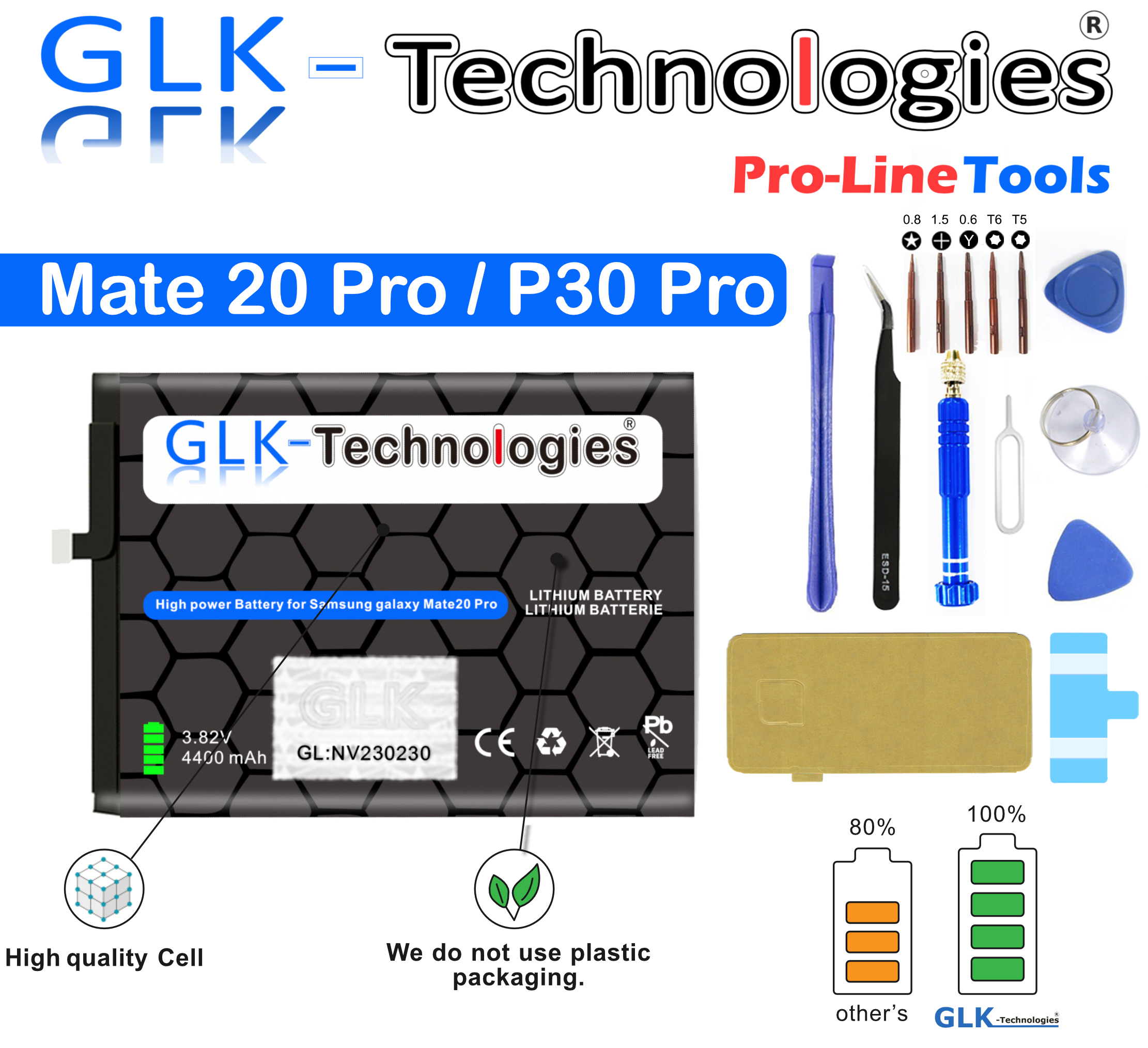 Akku 4400mAh Set HB486486ECW P30 Mate GLK-TECHNOLOGIES Ersatz 20 Huawei PRO inkl. Werkzeug für / Ersatz Lithium-Ionen-Akku Akku PRO