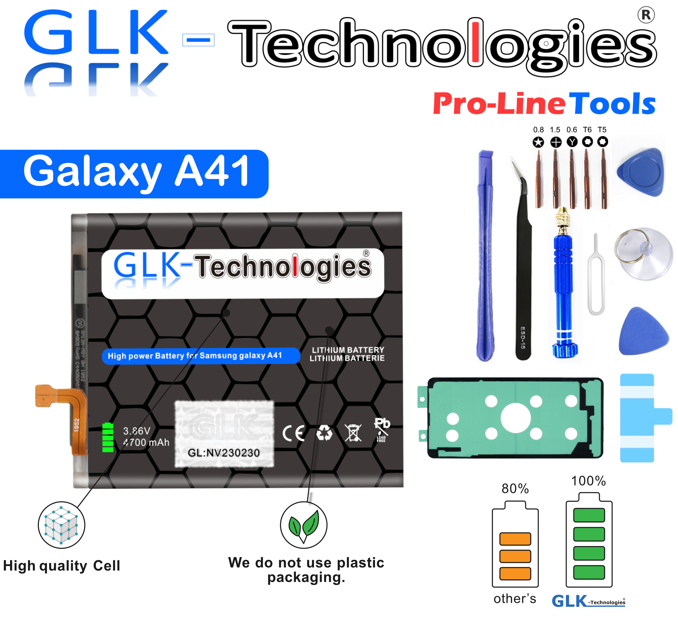 Akku, Werkzeuge und Galaxy A41-Etikett. Grünes Blattsymbol und Text „Hochwertige Zelle“.