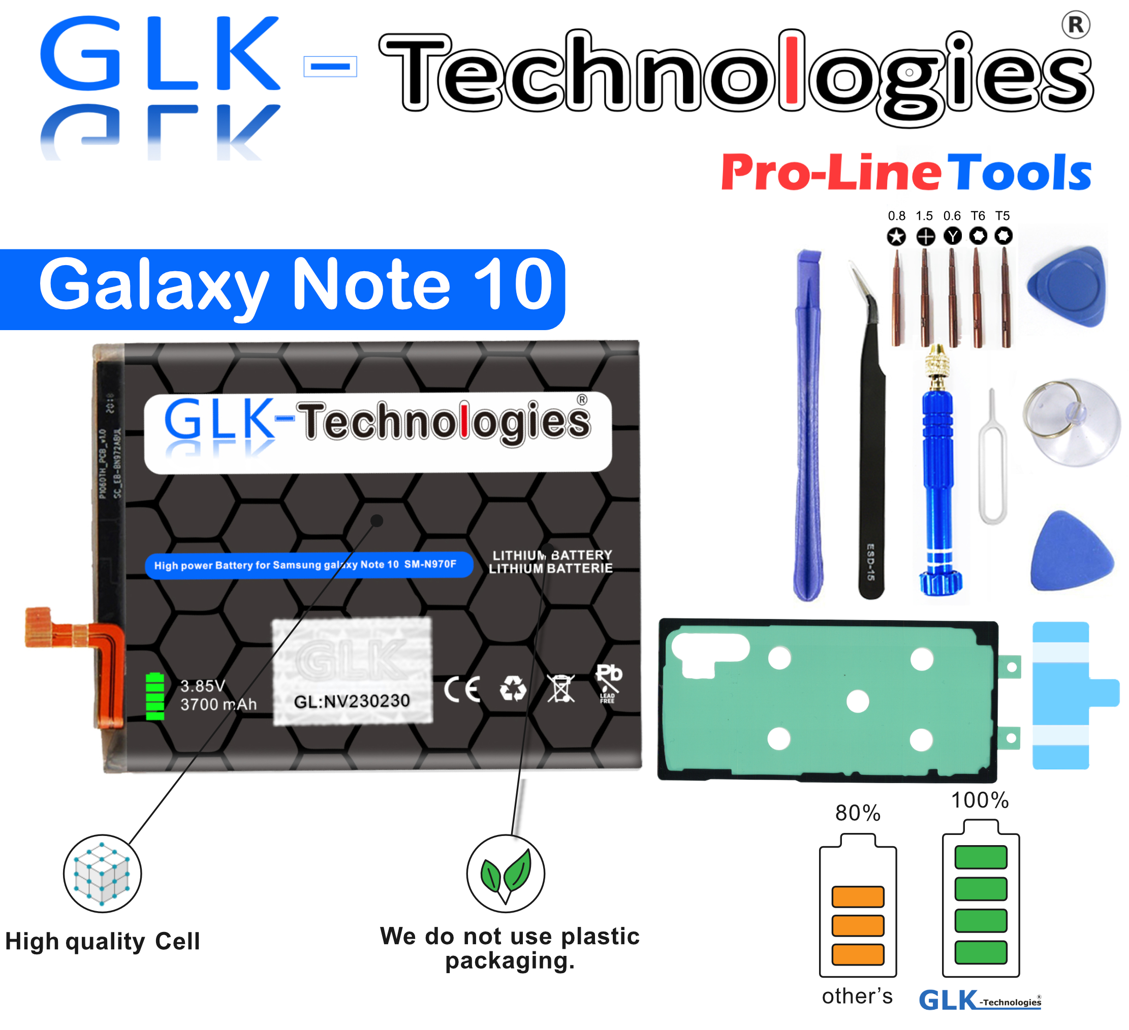 fürt Ersatz Lithium-Ionen-Akku Ersatz Akku Galaxy 10 Werkzeug 3700 Akku (N970F) Set Samsung Note GLK-TECHNOLOGIES mAh inkl.