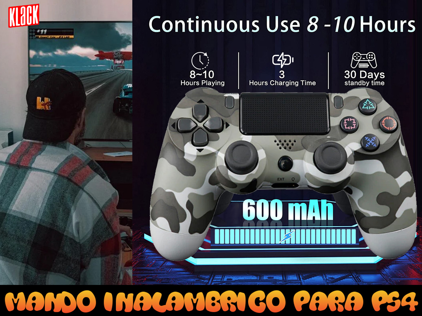 Una persona juega un videojuego, controlador a la vista, destacando 8-10 horas de juego.