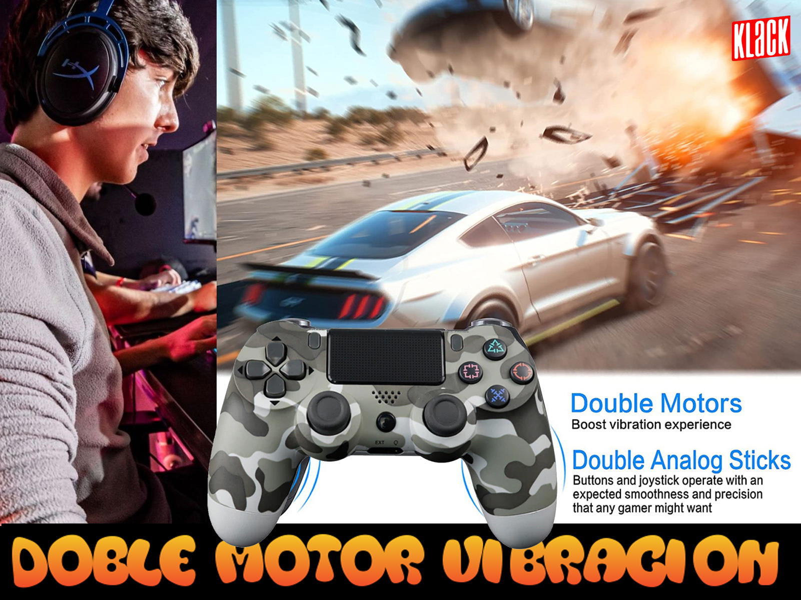 Jugador con mando camuflaje. Juego de carreras de coches en pantalla.