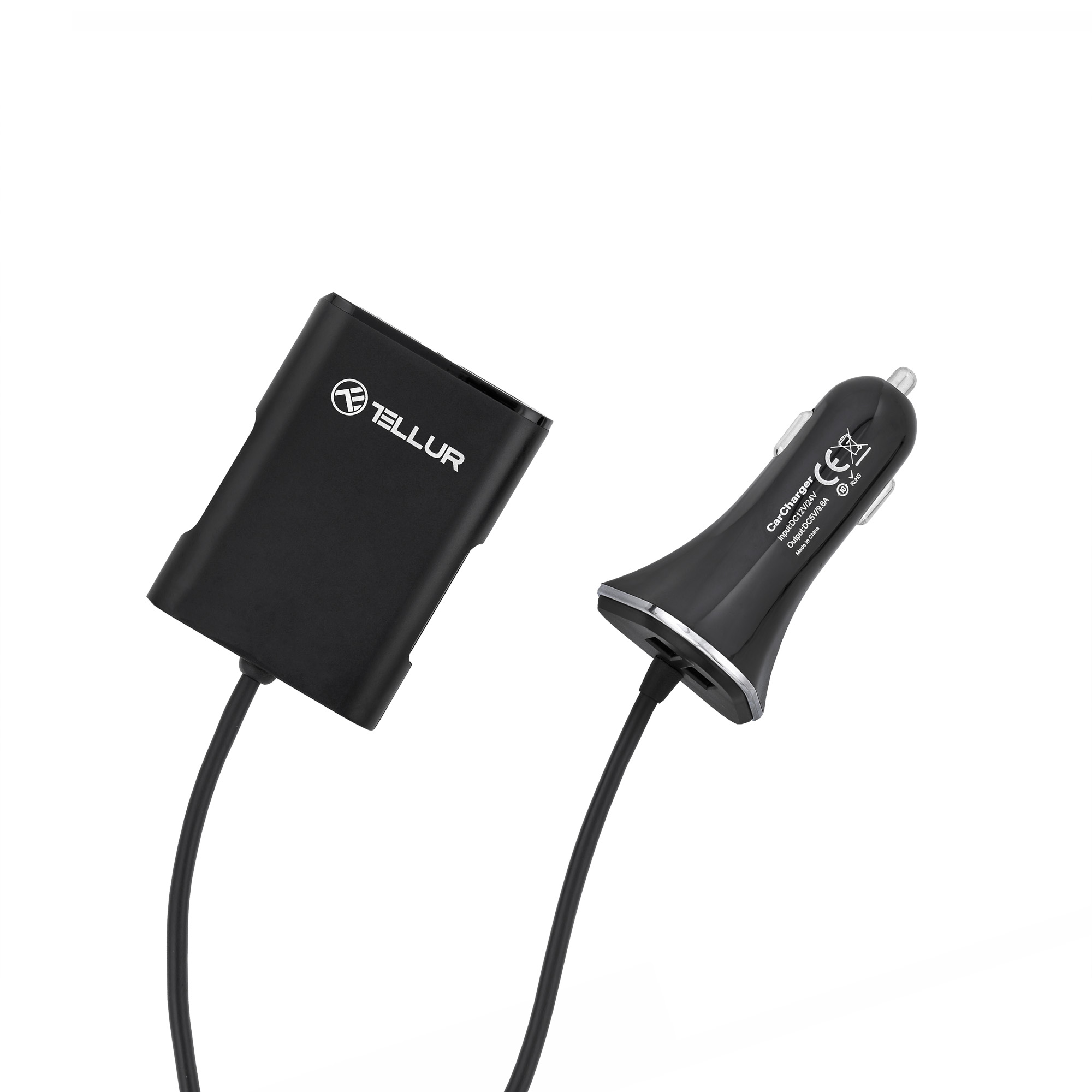 Czarna ładowarka samochodowa USB z logo Tellur i portem USB-C.
