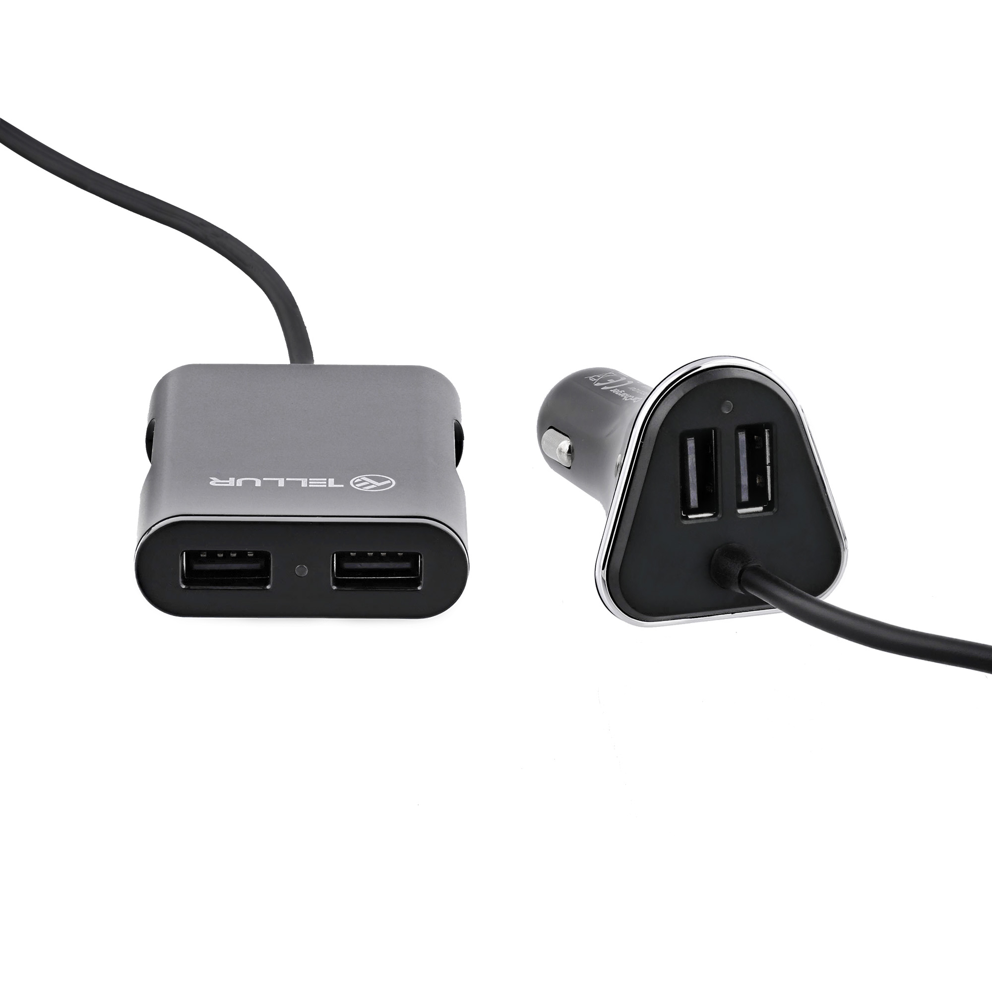 Czarna i szara ładowarka samochodowa USB i hub USB z dwoma portami każdy, na białym tle.