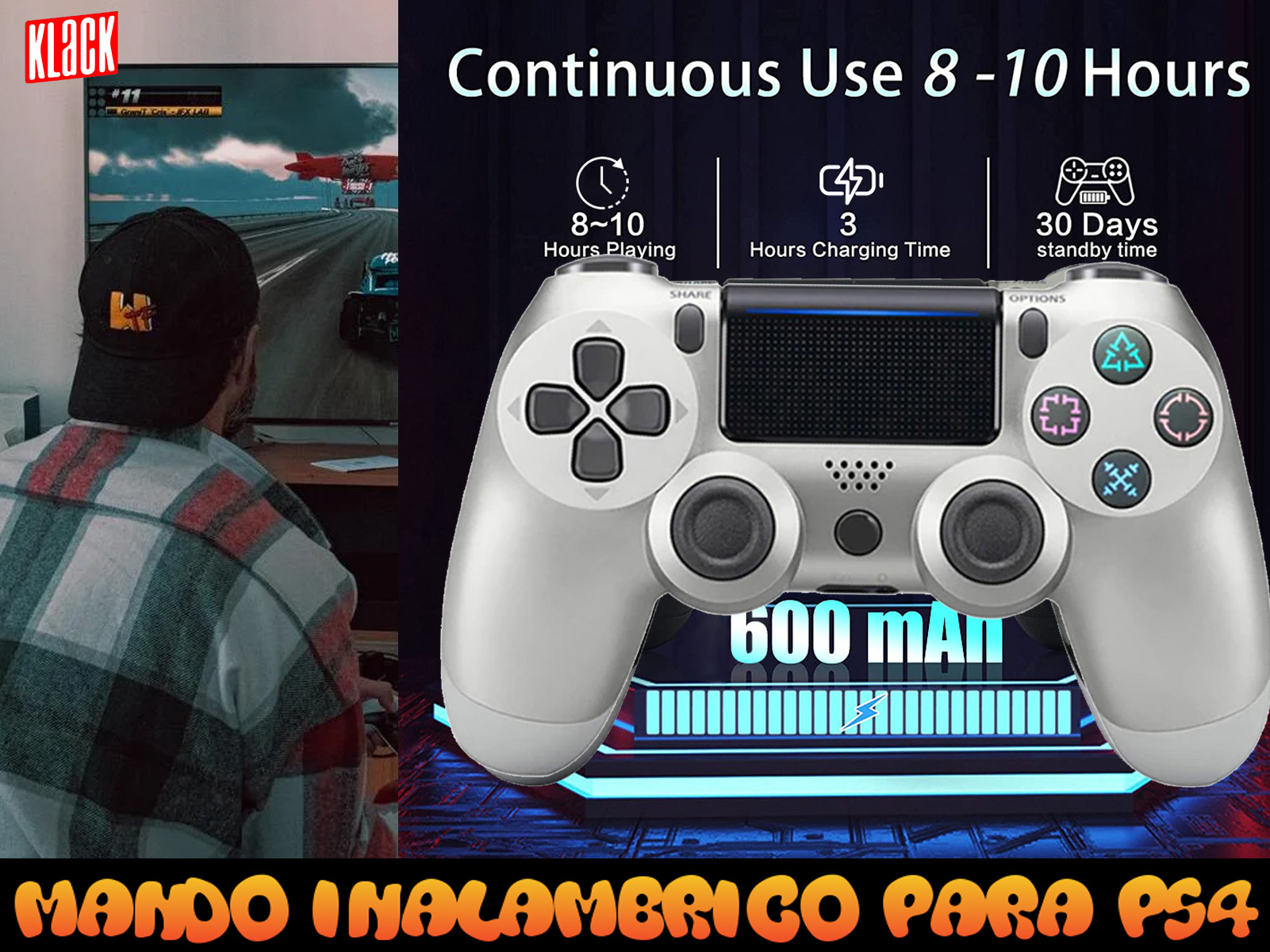 Un gamepad blanco con iconos, duración de la batería e información de tiempo de juego.