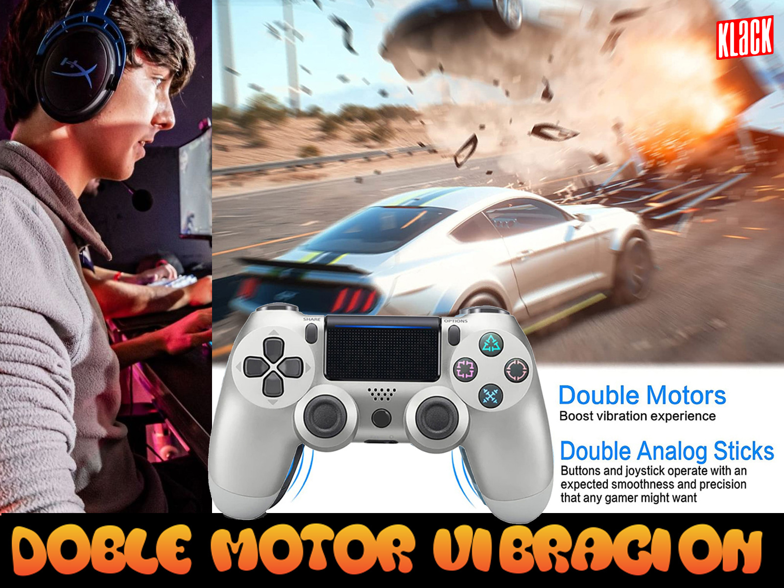 Un jugador juega un juego de carreras con un mando. Un coche choca en el fondo.