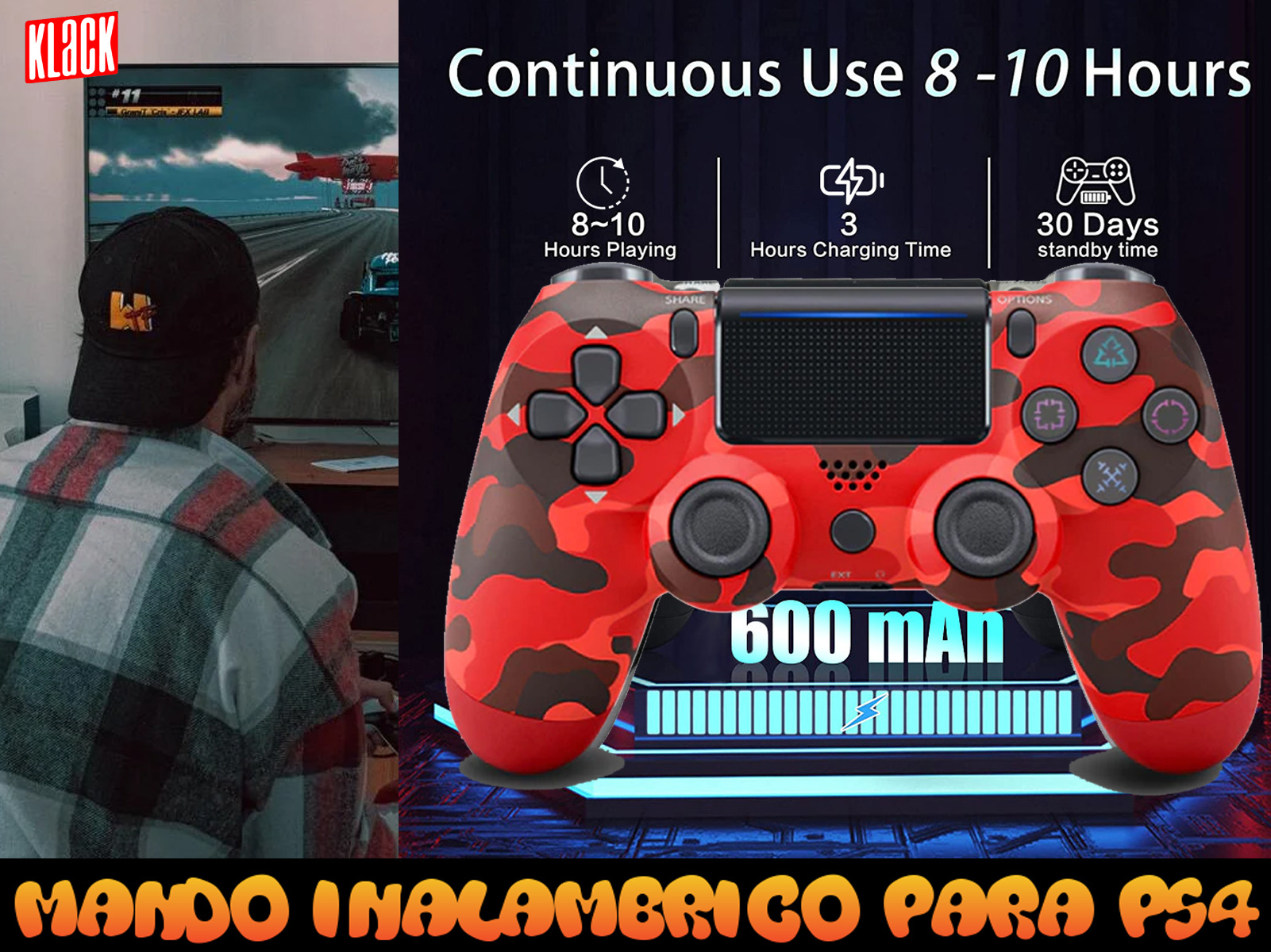 Un mando rojo camuflado con texto que indica 8-10 horas de juego y 3 horas de carga.