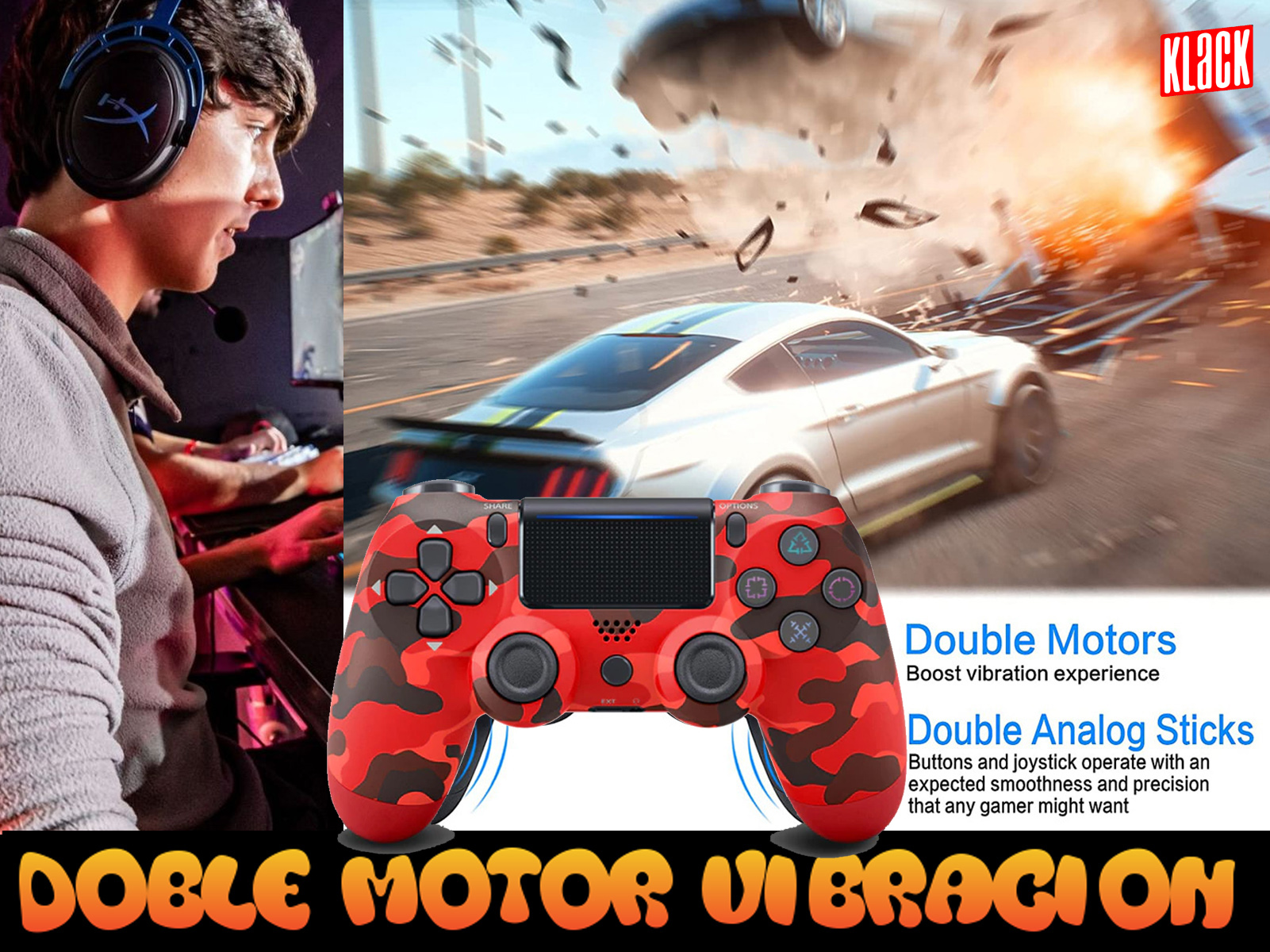 Un jugador juega con un controlador de camuflaje rojo; un coche está en el fondo con el texto.