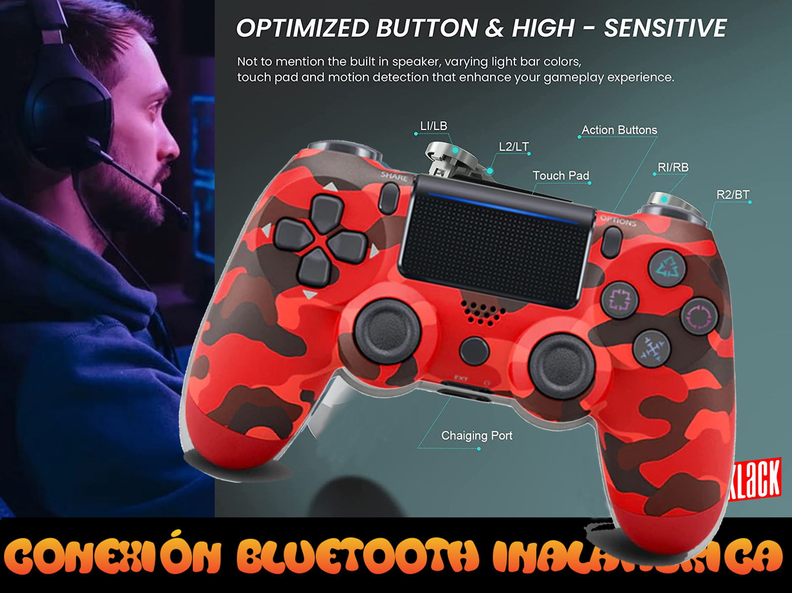 Mando de juego rojo camuflaje con etiquetas para botones y puertos.