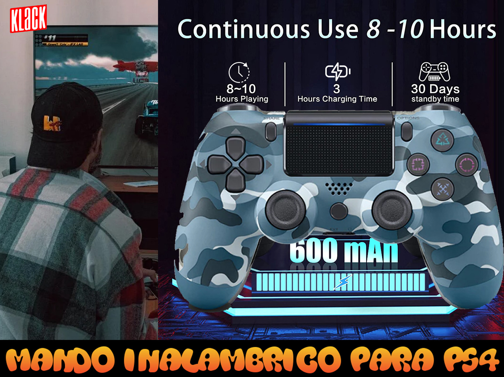 Controlador de camuflaje azul. Una persona en el fondo está jugando un juego en la TV. El controlador tiene botones.