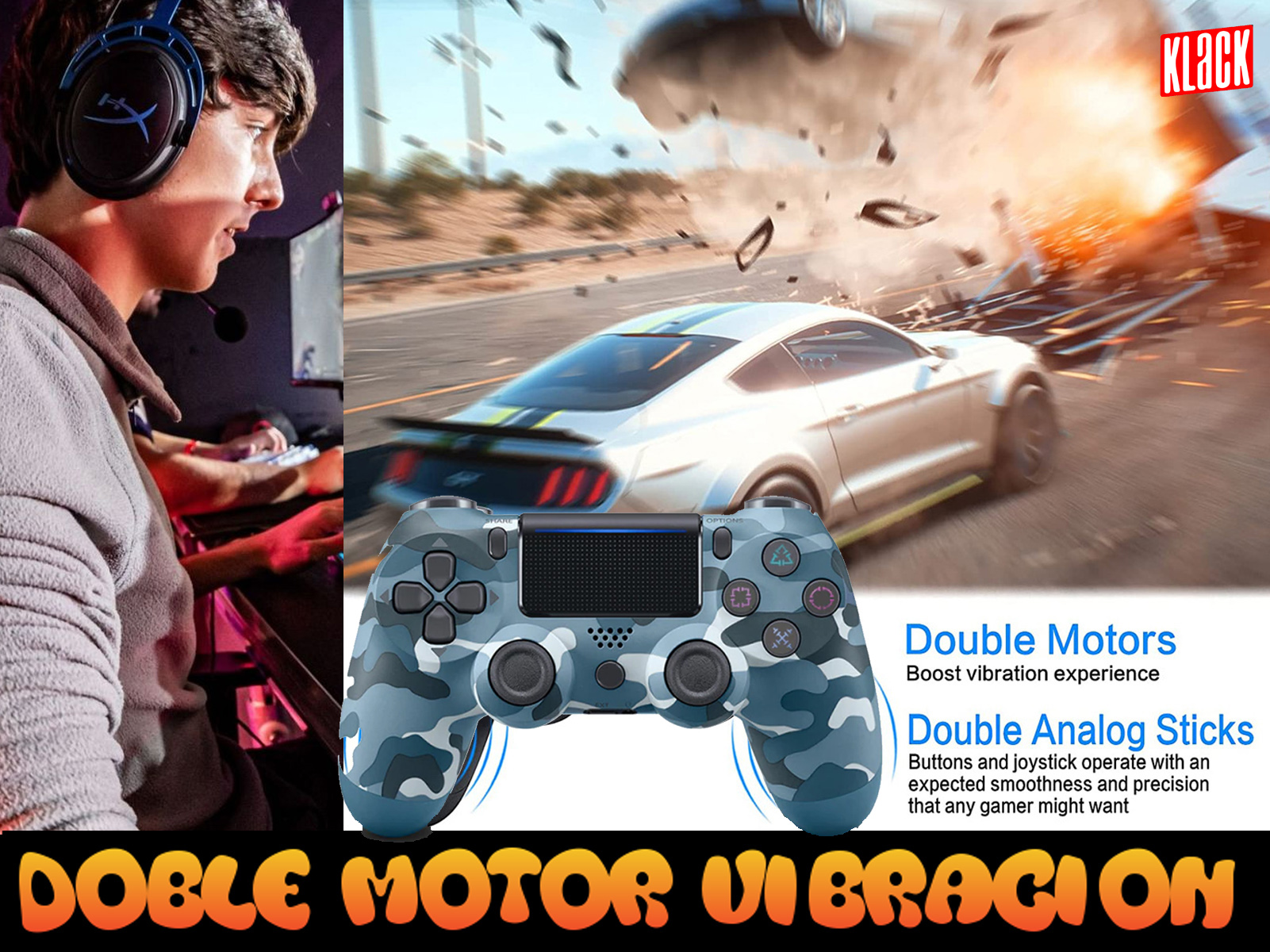 Jugador con auriculares, mando y juego de carreras de coches. El mando tiene diseño camo y detalles de texto.