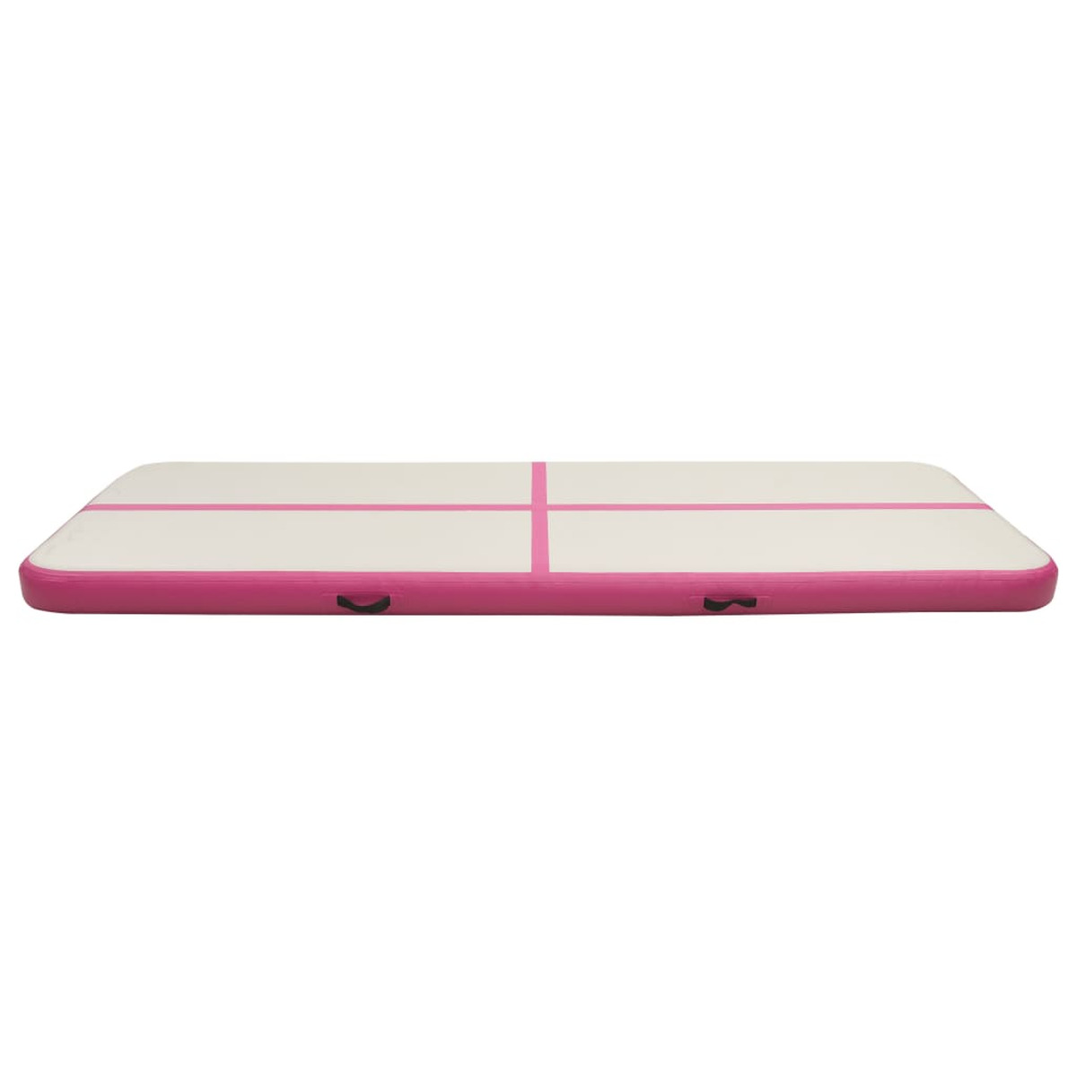 Tappeto gonfiabile rosa rettangolare con strisce bianche e maniglie nere sui lati.