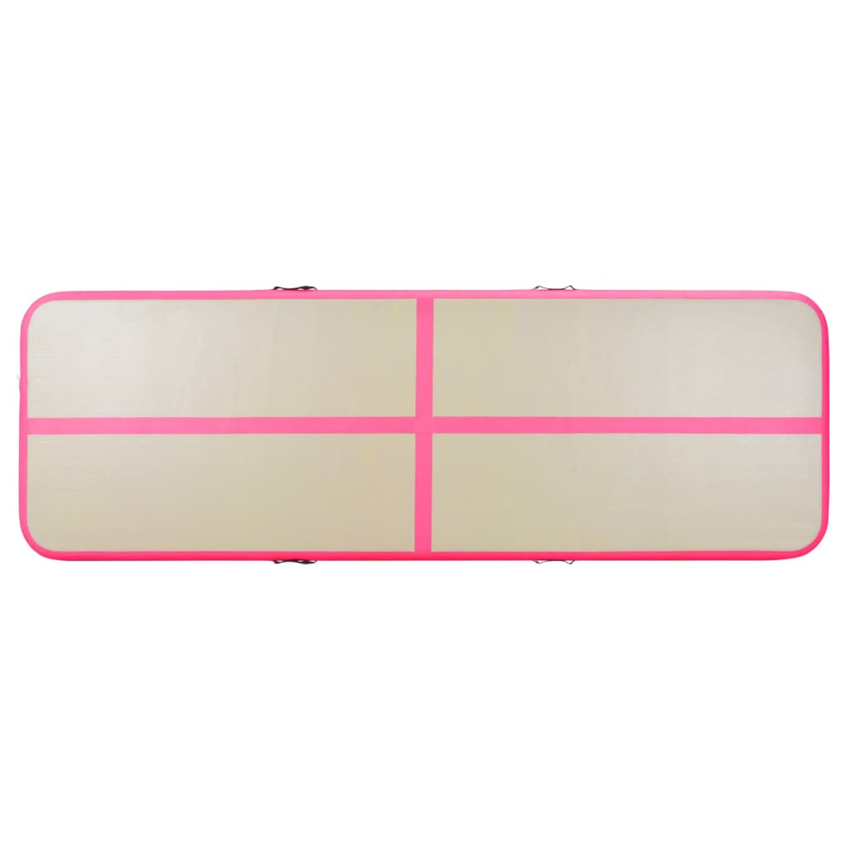 Un tappeto gonfiabile lungo e rettangolare. Il tappeto è beige con bordi e linee rosa.