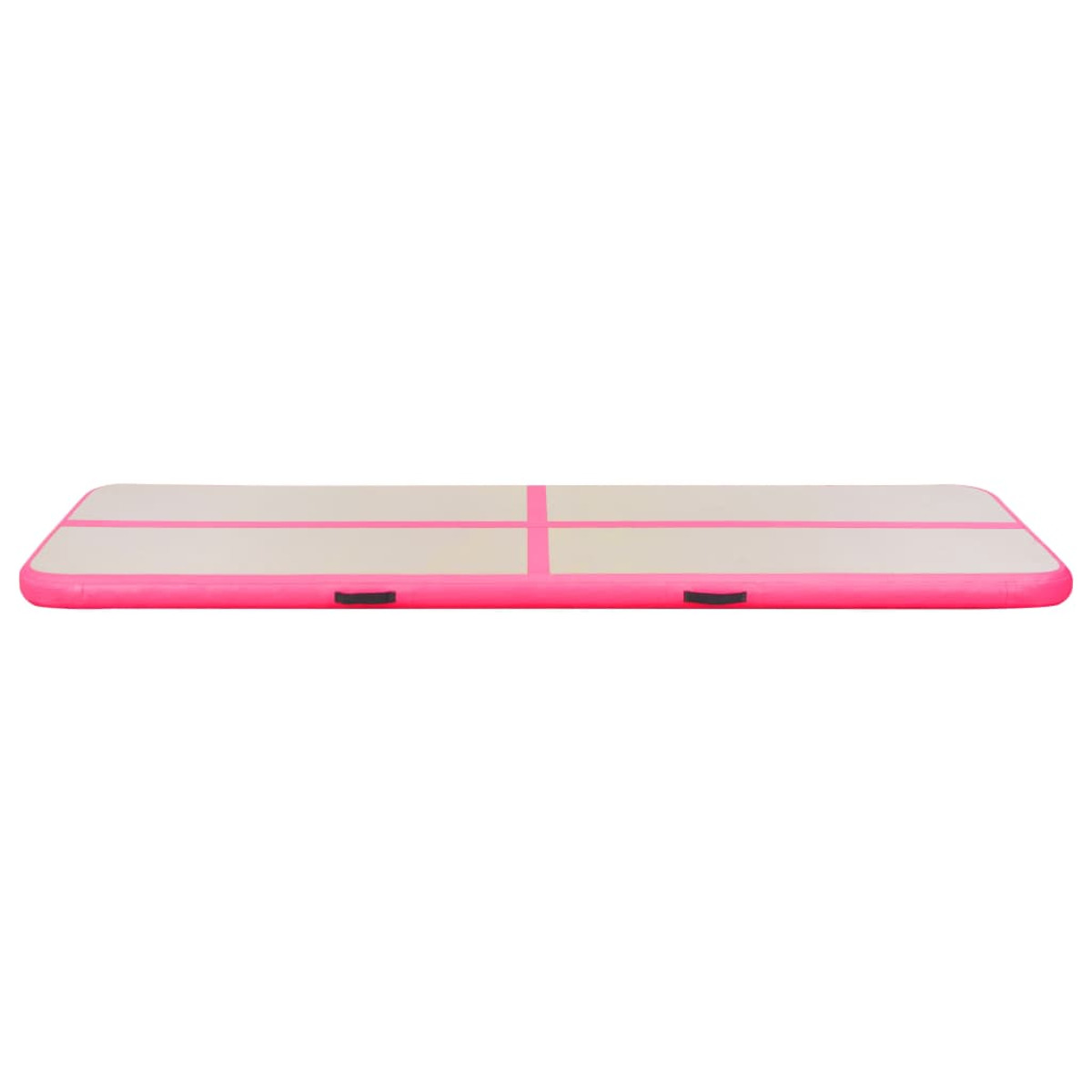 Un tappeto gonfiabile da ginnastica rosa e bianco, rettangolare con due maniglie nere.
