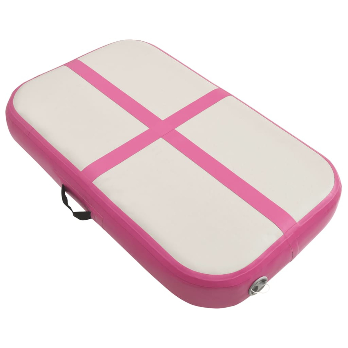 Materassino gonfiabile ginnastica rosa e bianco con maniglia nera.