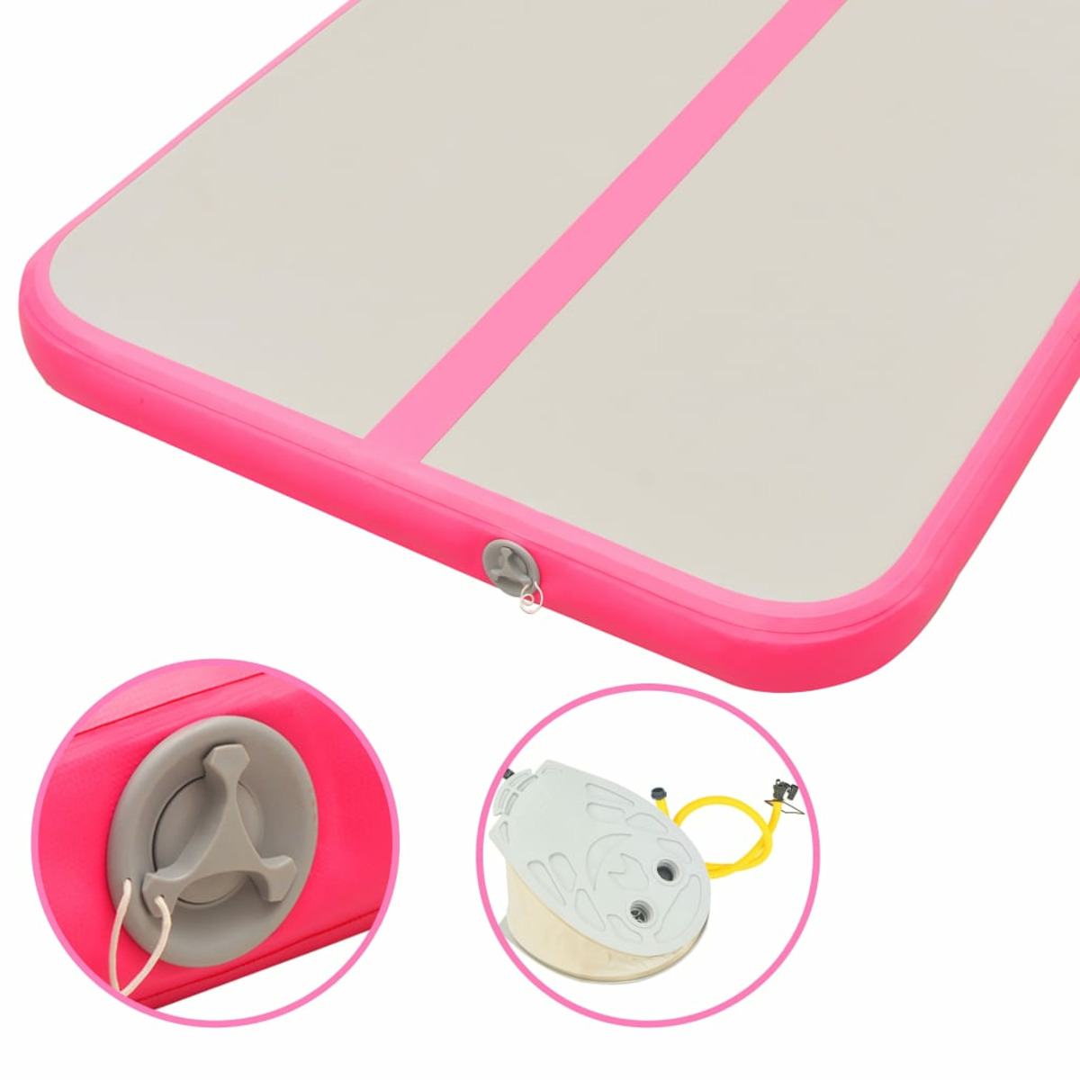 Un tappeto per pista rosa con valvola e un primo piano della valvola e della pompa di gonfiaggio.