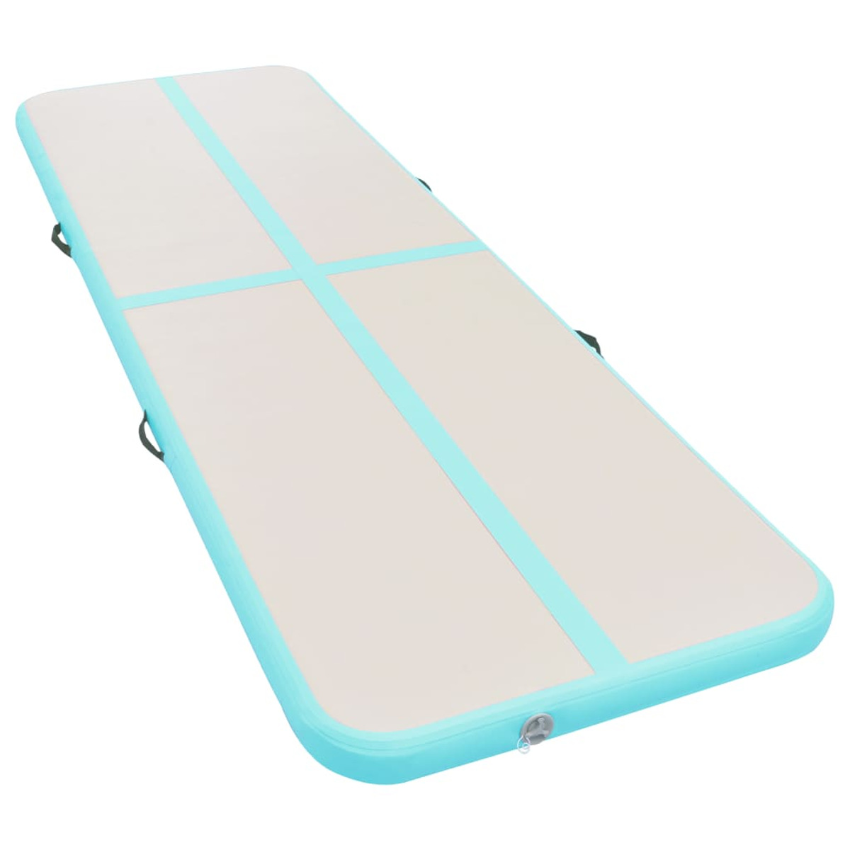 Materassino gonfiabile, rettangolare, azzurro e beige, isolato su sfondo bianco.