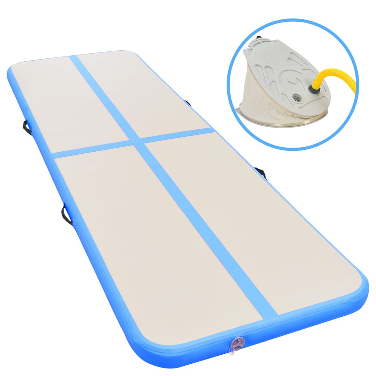 Airtrack gonfiabile con pompa. Bianco e blu. Pompa nell'angolo in alto a destra.