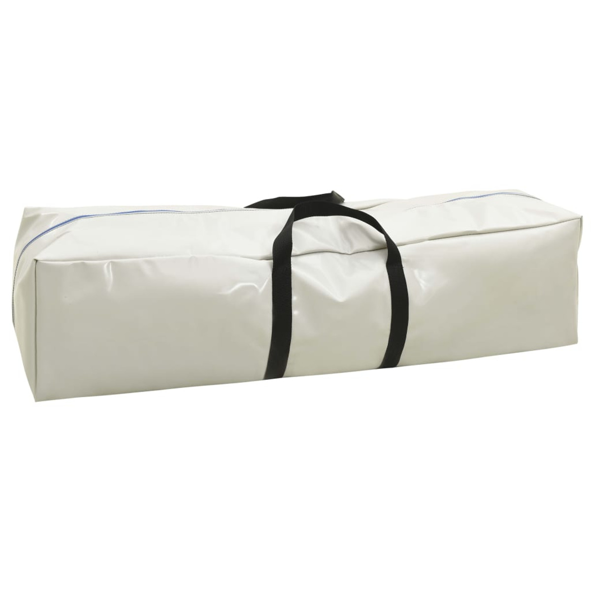 Bolsa rectangular blanca con asas negras. La bolsa está sobre un fondo blanco. Costura azul en la parte superior.