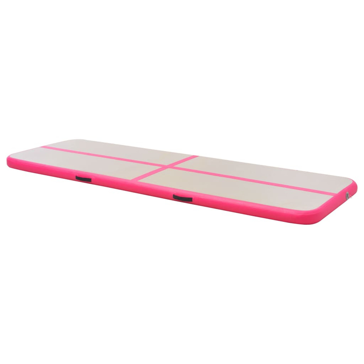 Materassino gonfiabile rettangolare rosa e bianco per ginnastica, vuoto, isolato su bianco.