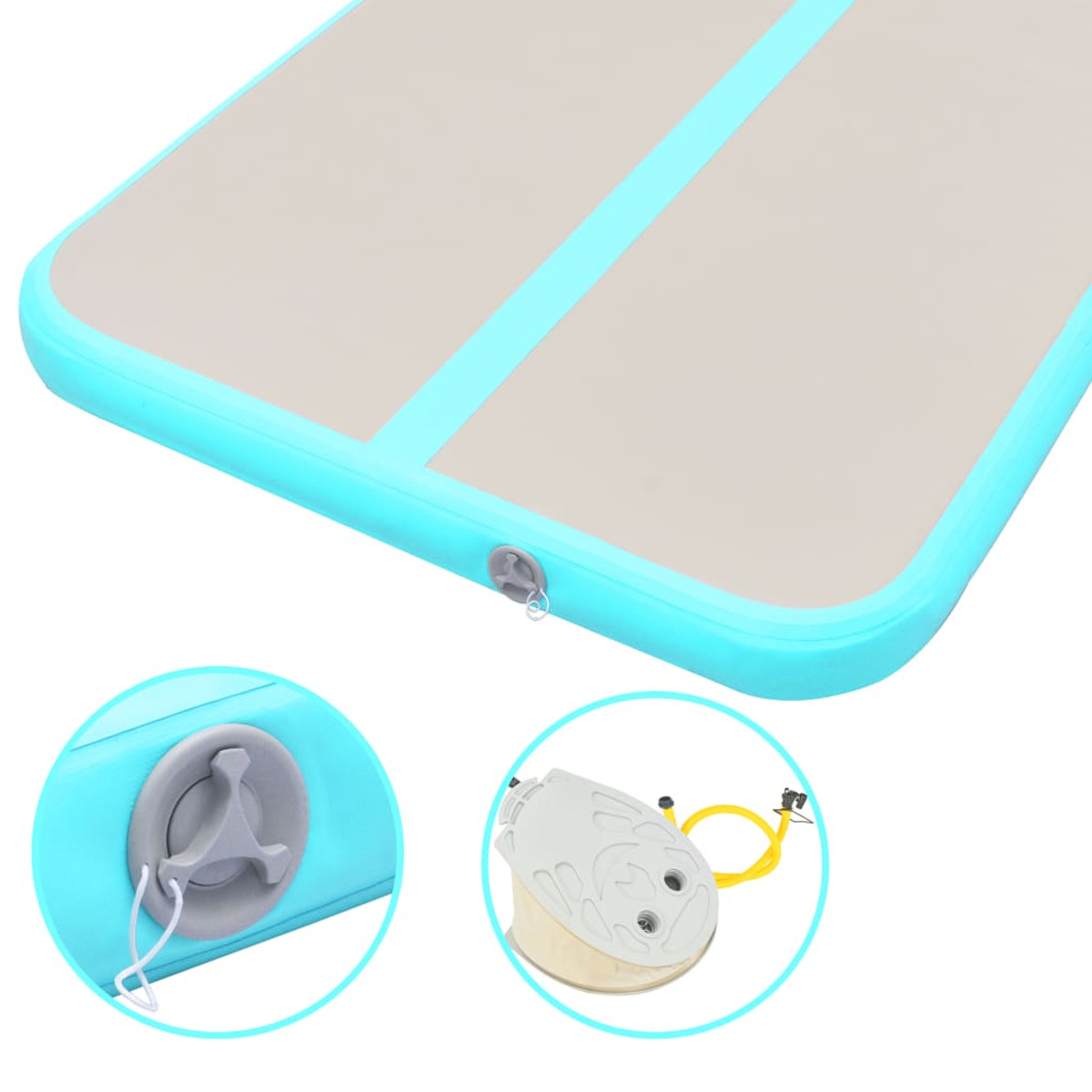 Tappeto gonfiabile Airtrack. Azzurro e grigio. Mostra la valvola e il collegamento della pompa sul tappeto.