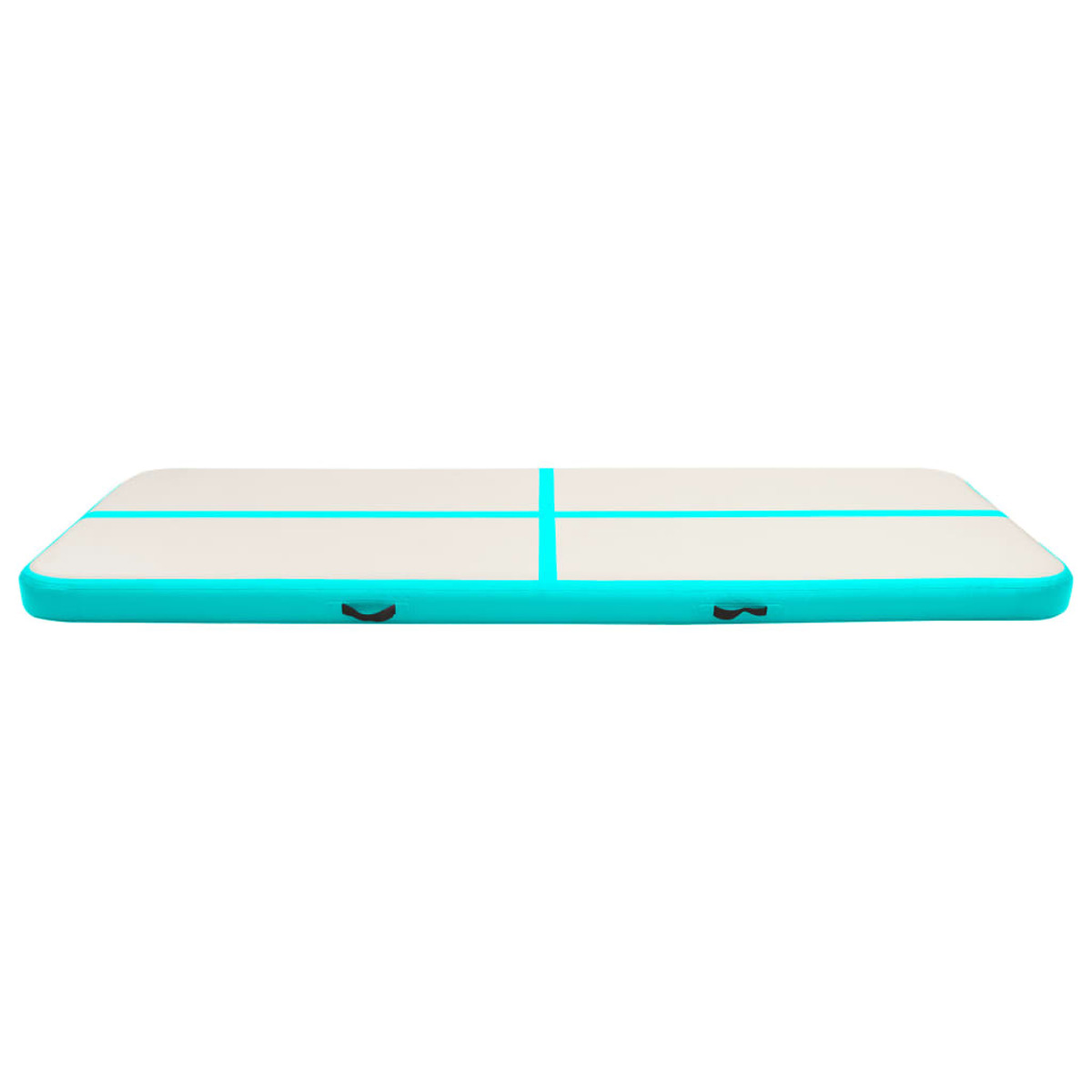 Colchoneta airtrack rectangular, blanca con líneas azules. Asas negras laterales.