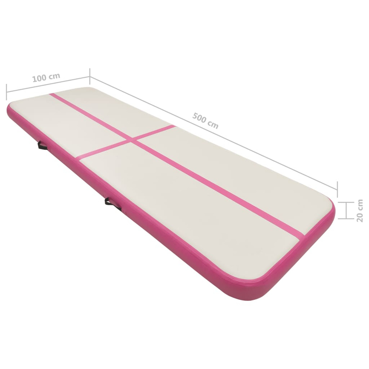 Un tappeto air track bianco e rosa. È rettangolare con linee rosa e dimensioni etichettate.