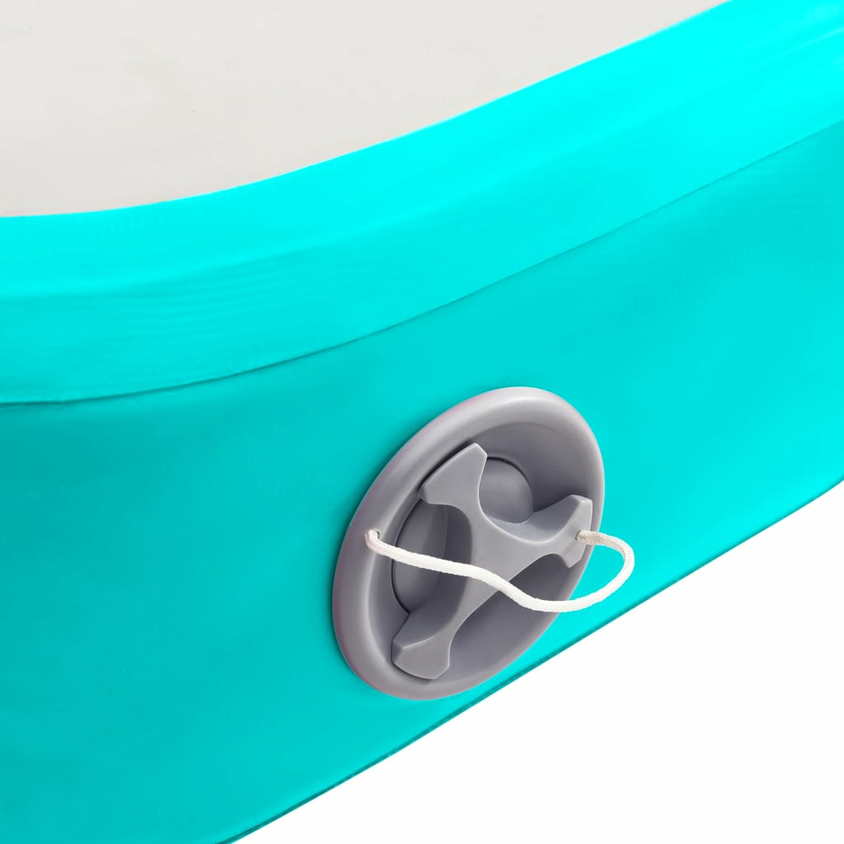 Primer plano de una válvula de piscina inflable turquesa. La válvula es gris.