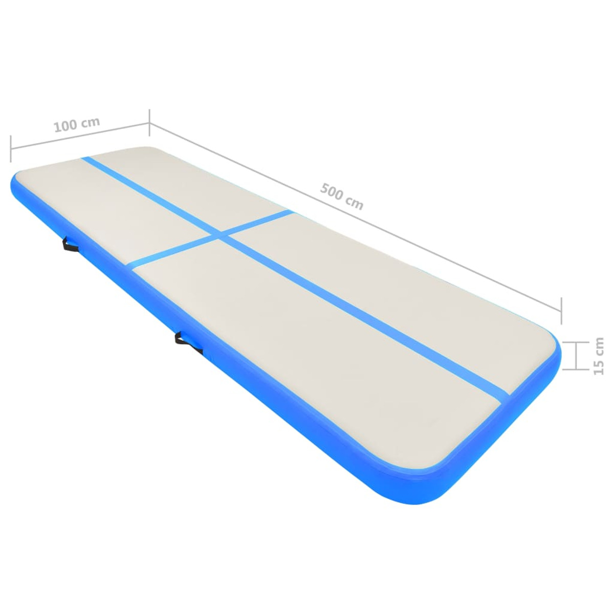 Una colchoneta rectangular inflable con lados y líneas azules. Las dimensiones están etiquetadas en centímetros.