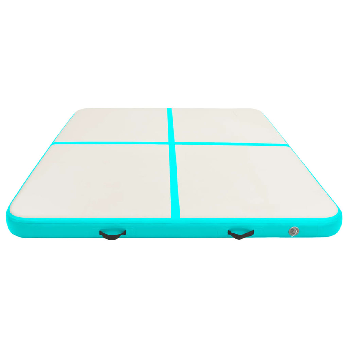 Un tappetino per pista d'aria turchese, che mostra una forma rettangolare con linee blu.