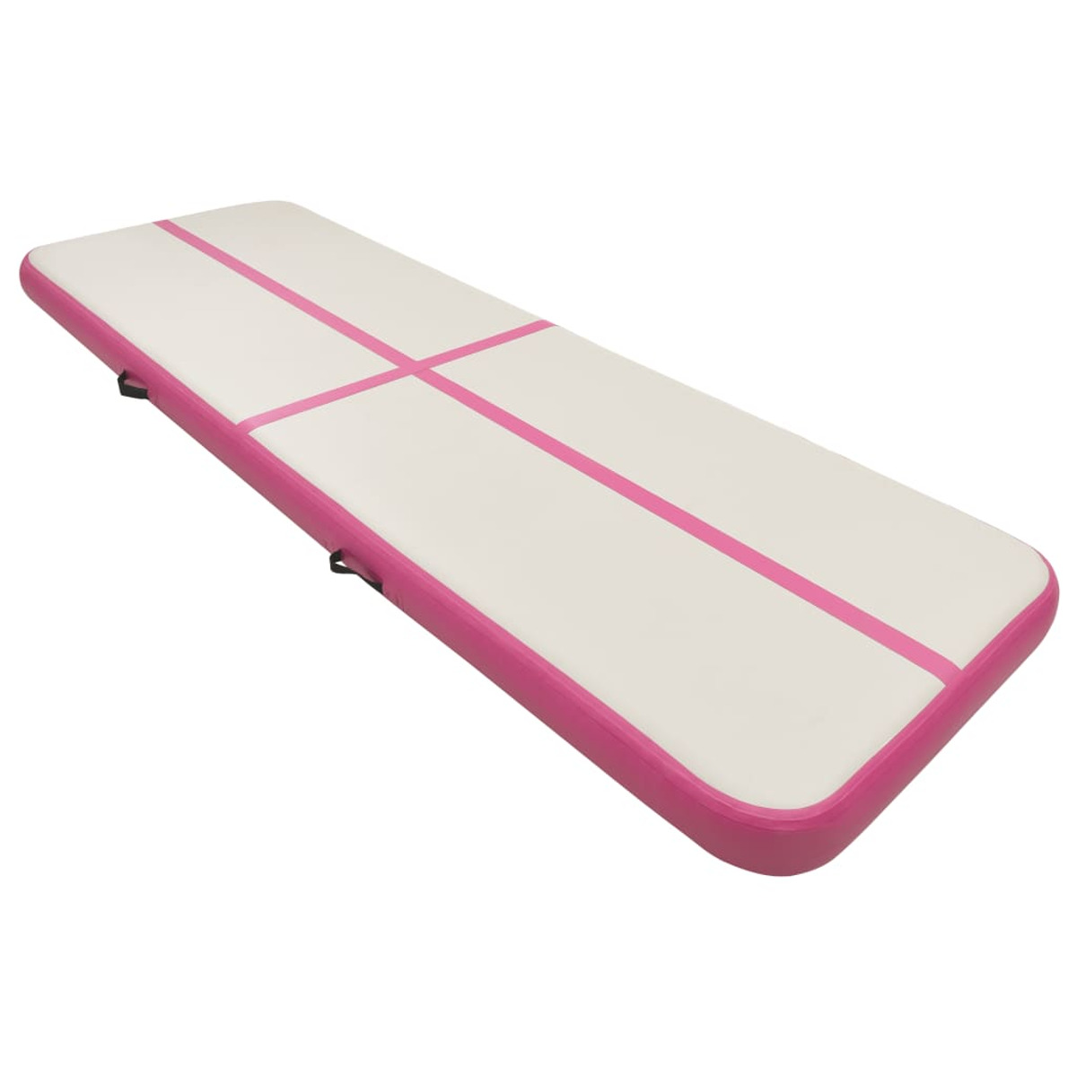 Una pista d'aria gonfiabile rettangolare bianca e rosa per la ginnastica, vista in prospettiva.