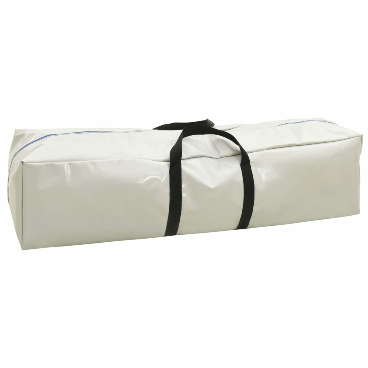 Borsa rettangolare bianca con manici neri. Cuciture blu sui bordi. Isolato su sfondo bianco.