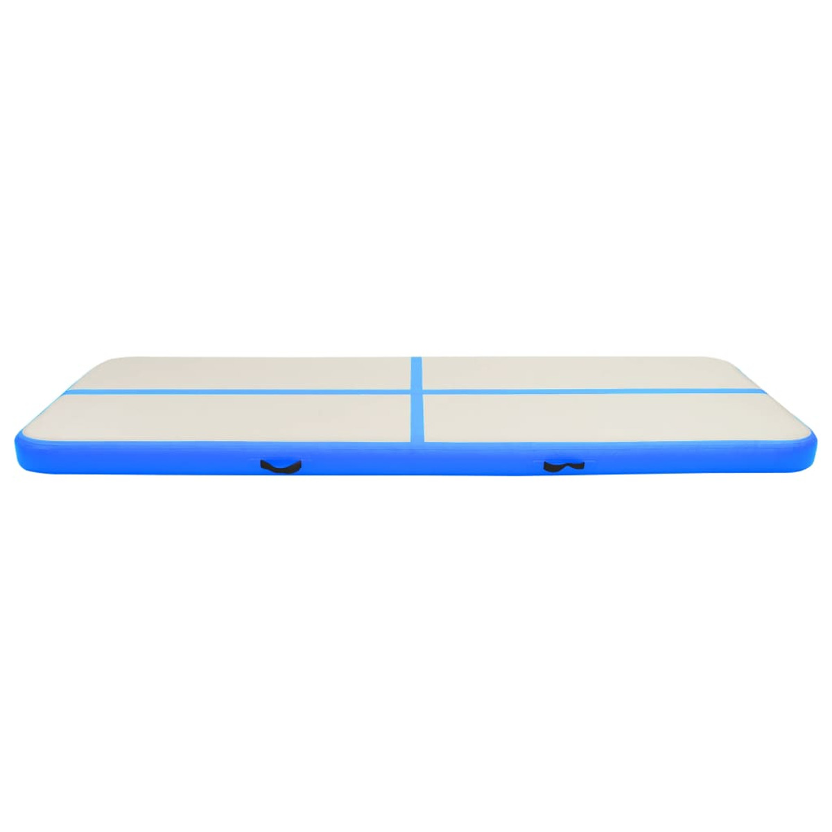 Aufblasbare Gymnastikmatte, blaue Kanten, weiße Oberfläche, vier Linien und schwarze Griffe.